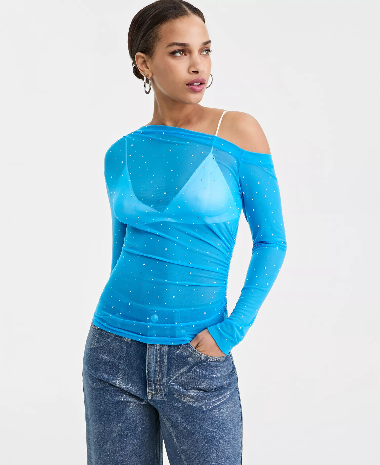 Women's Asymmetric Embellished Mesh Top, Macy's Exclusive - Aztec Sky - L
