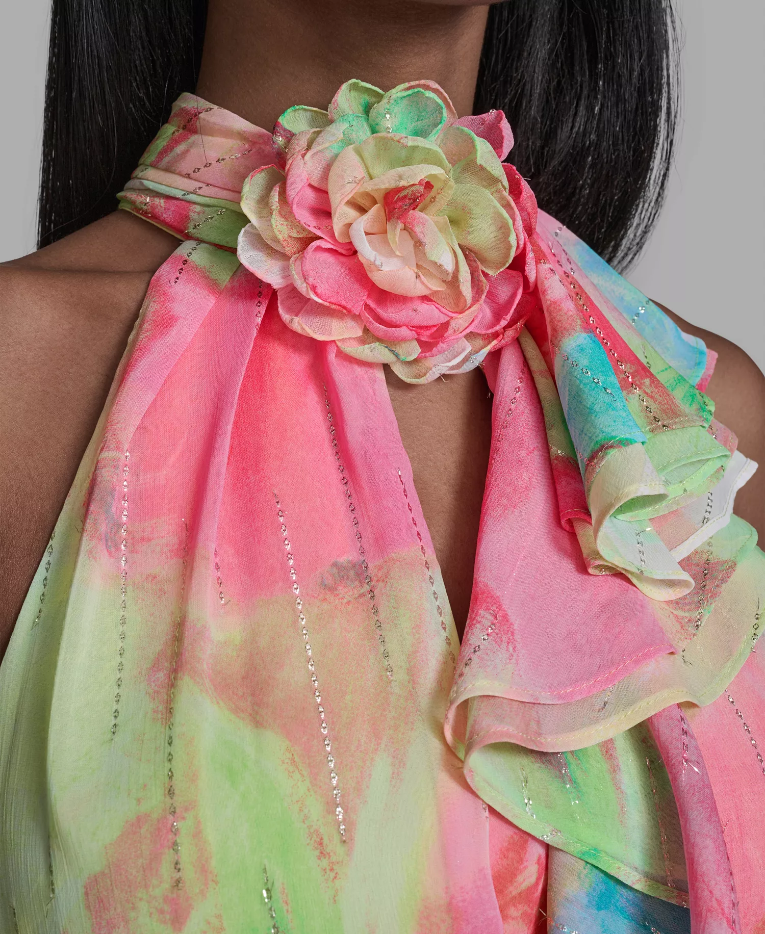 Women’s Printed Ruffle Neck Dress - Tea Green/Pink Sherbet Multi - 0