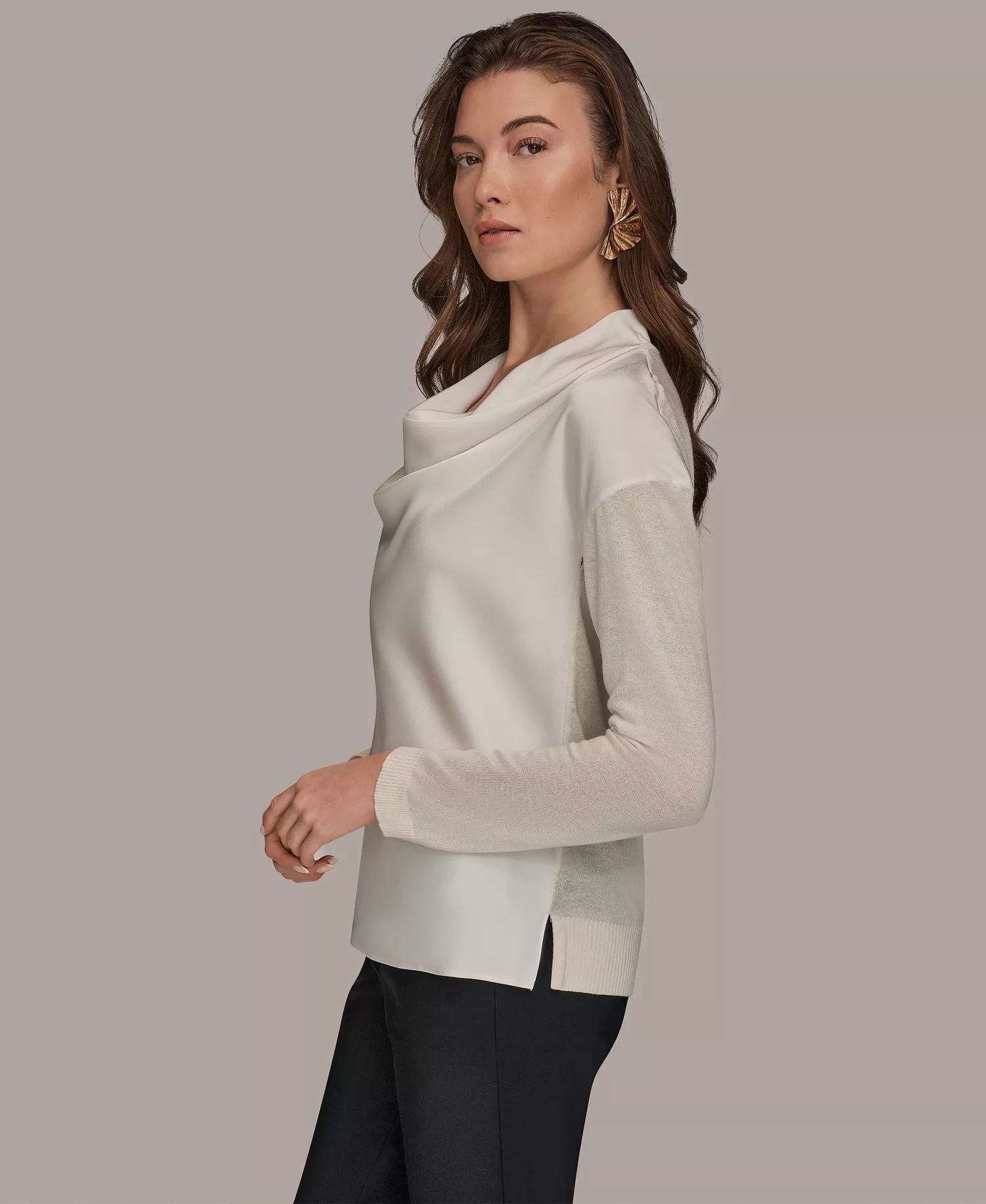 Women's Long-Sleeve Mix Media Cowl Front Top - Cream - L