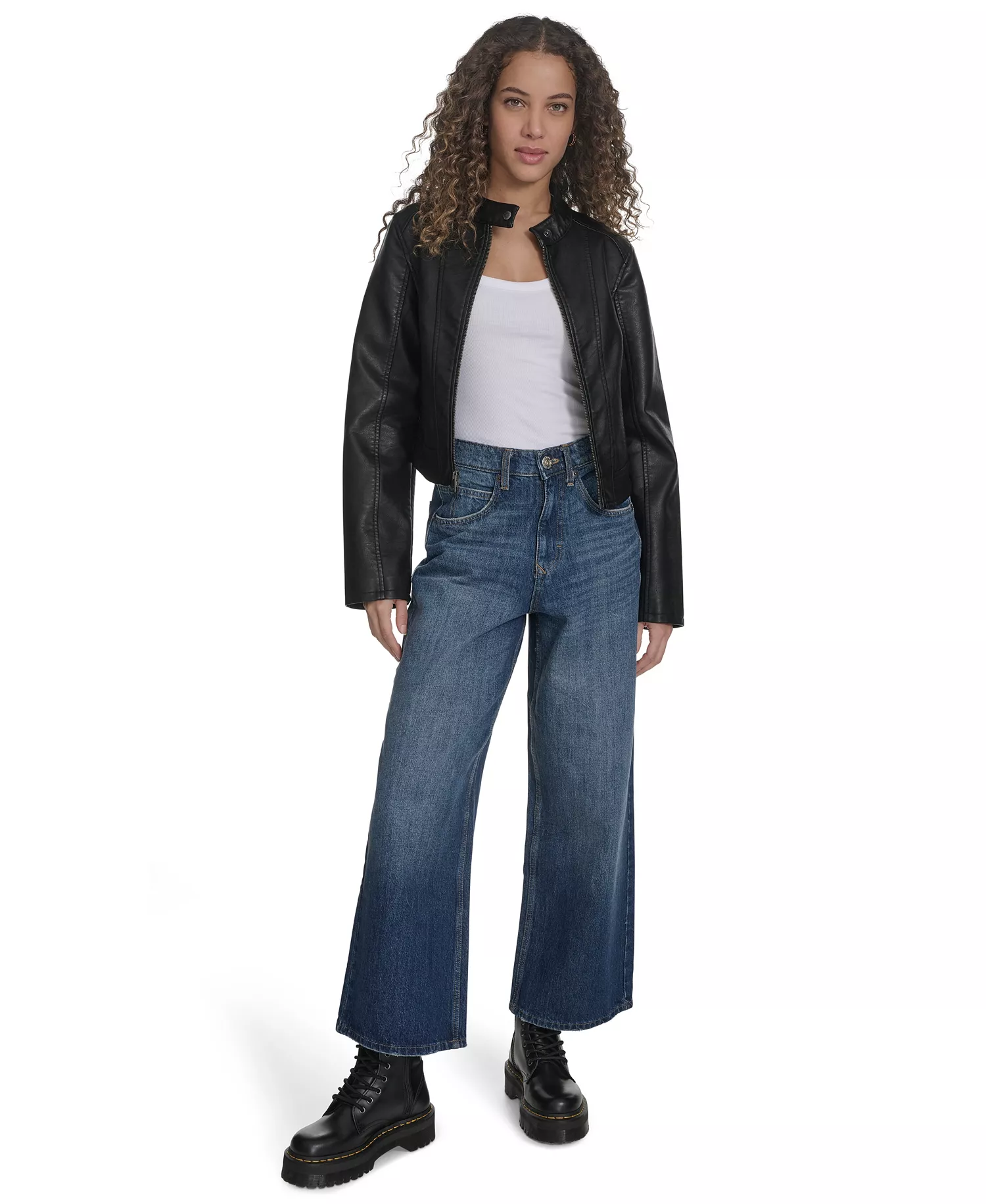 Women's Faux Leather Racer Jacket - Black - L