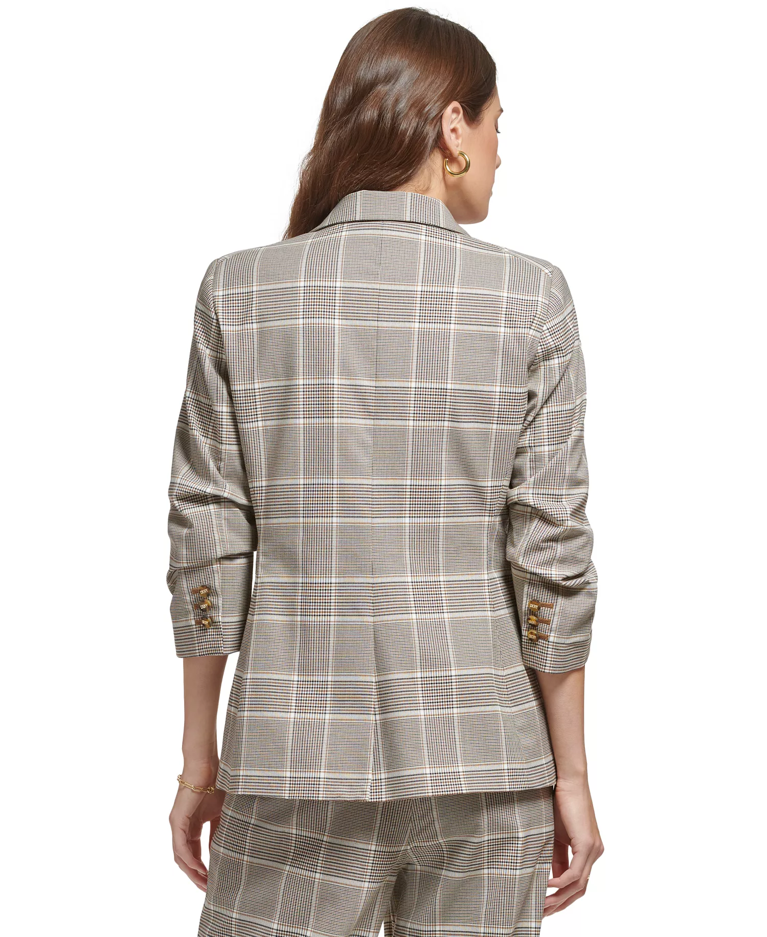 Petite Plaid Notch-Collar Ruched-Sleeve Jacket & Wide-Leg Essex Pants - Roasted Pecan Multi - 2P