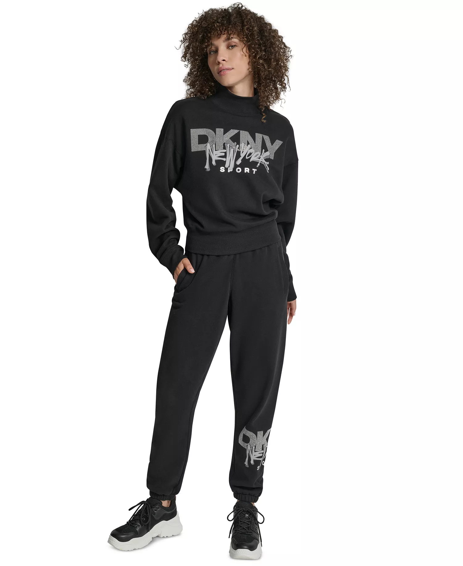 Women's Graffiti New York Logo Oversized Mock Neck Sweatshirt - Black/Grey Space Dey ll - L