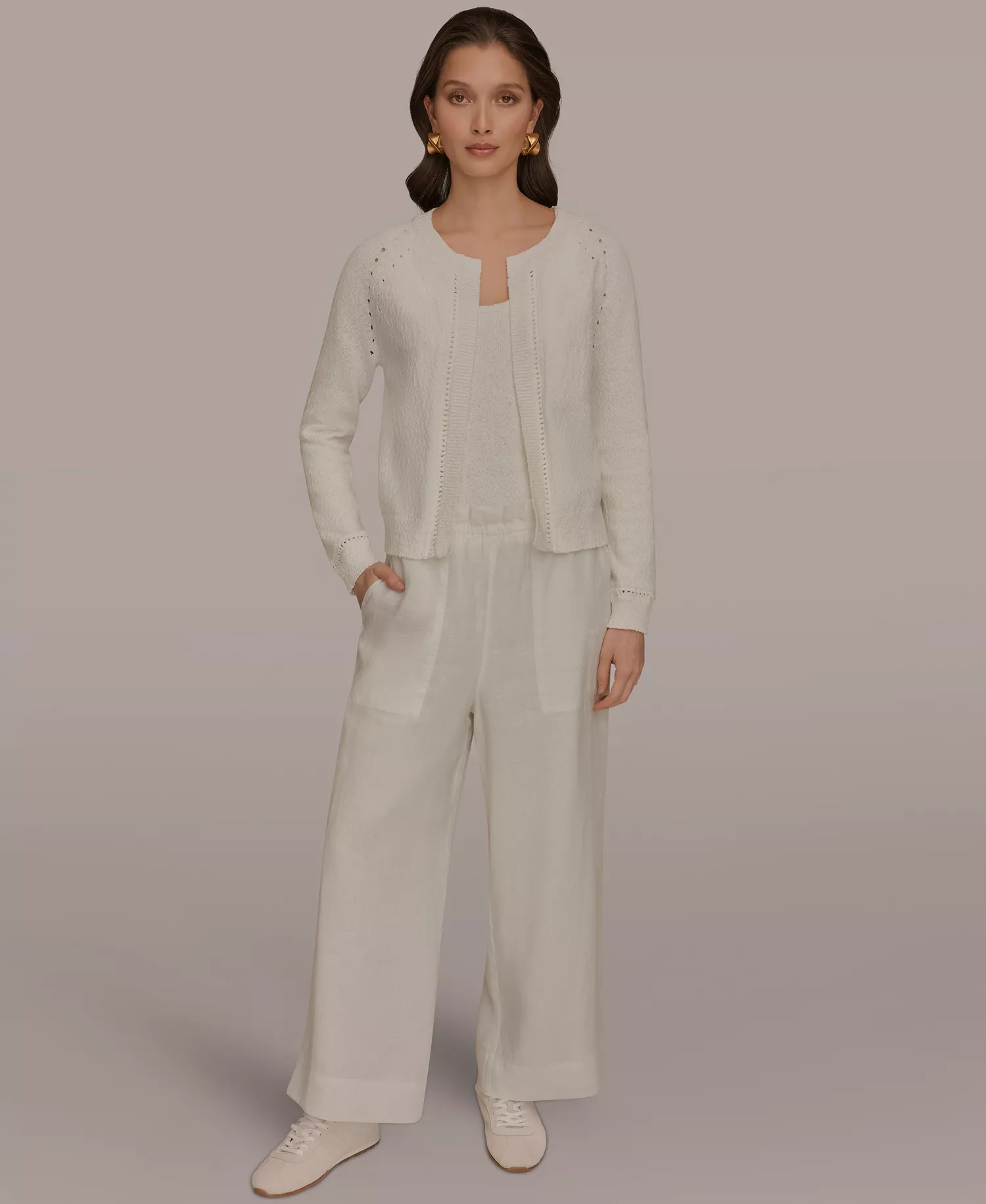 Women's Pointelle Stitch Open-Front Cotton Cardigan  - Cream - L