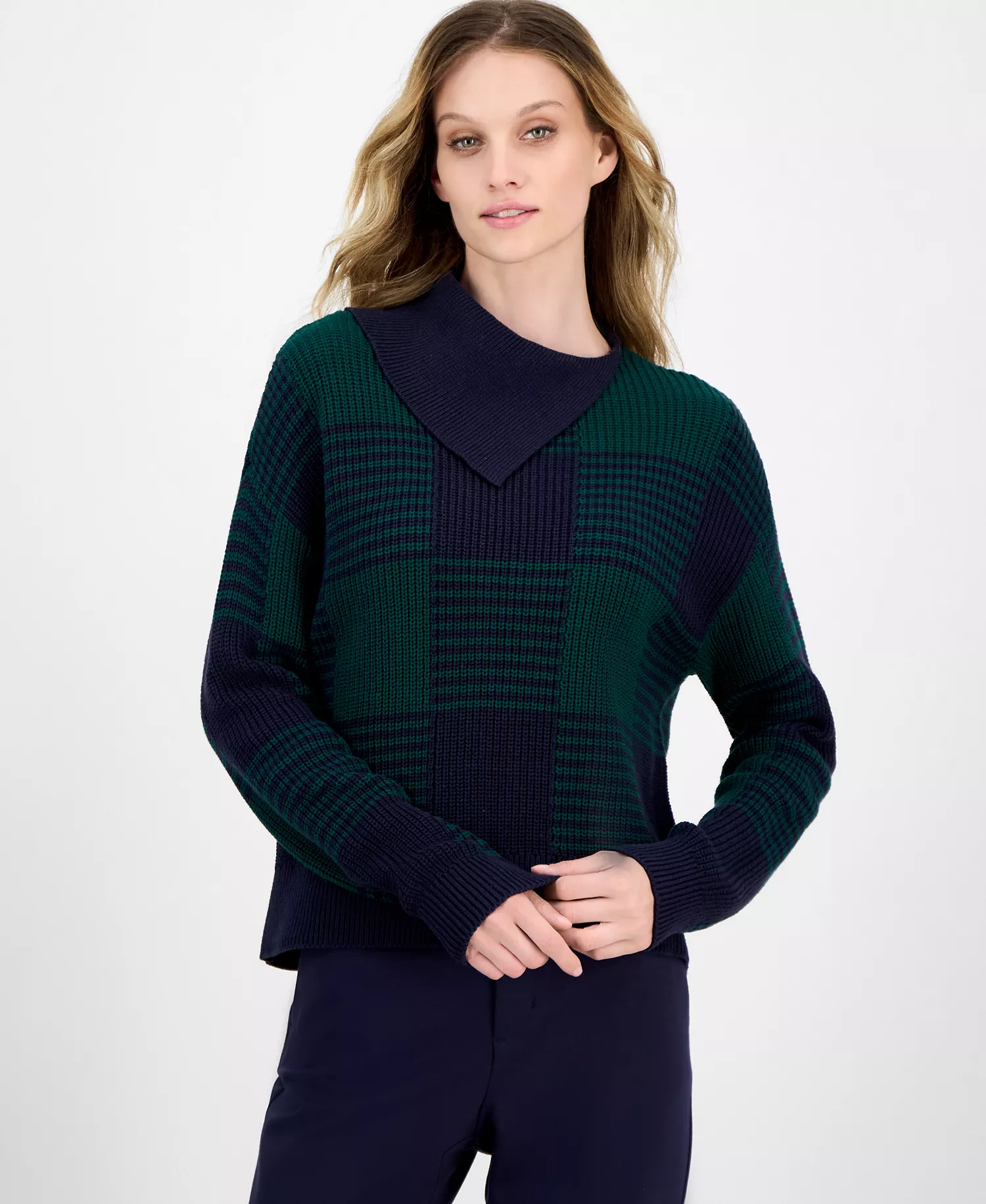 Nautica Women's Buffalo Plaid Asymmetrical-Neckline Sweater - Night Sky/ Forest - L