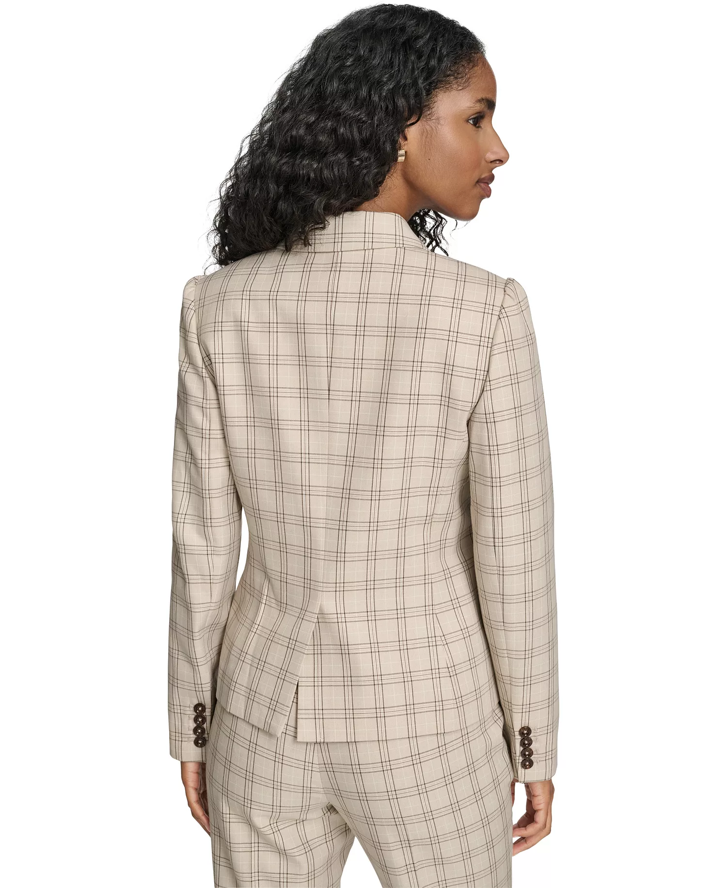 Women's Plaid One Button Blazer Jacket, Plaid Bootcut Trousers and Clip Dot Pleated Bib Pull-On Top - Latte Multi - 0