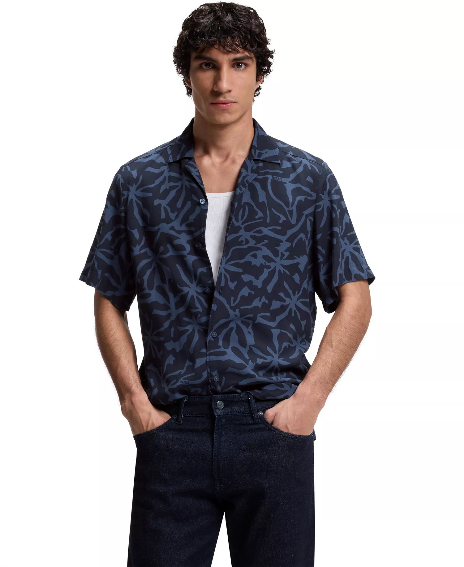 Men's Regular-Fit Maxi Print Short-Sleeve Shirt - Dark Blue - L