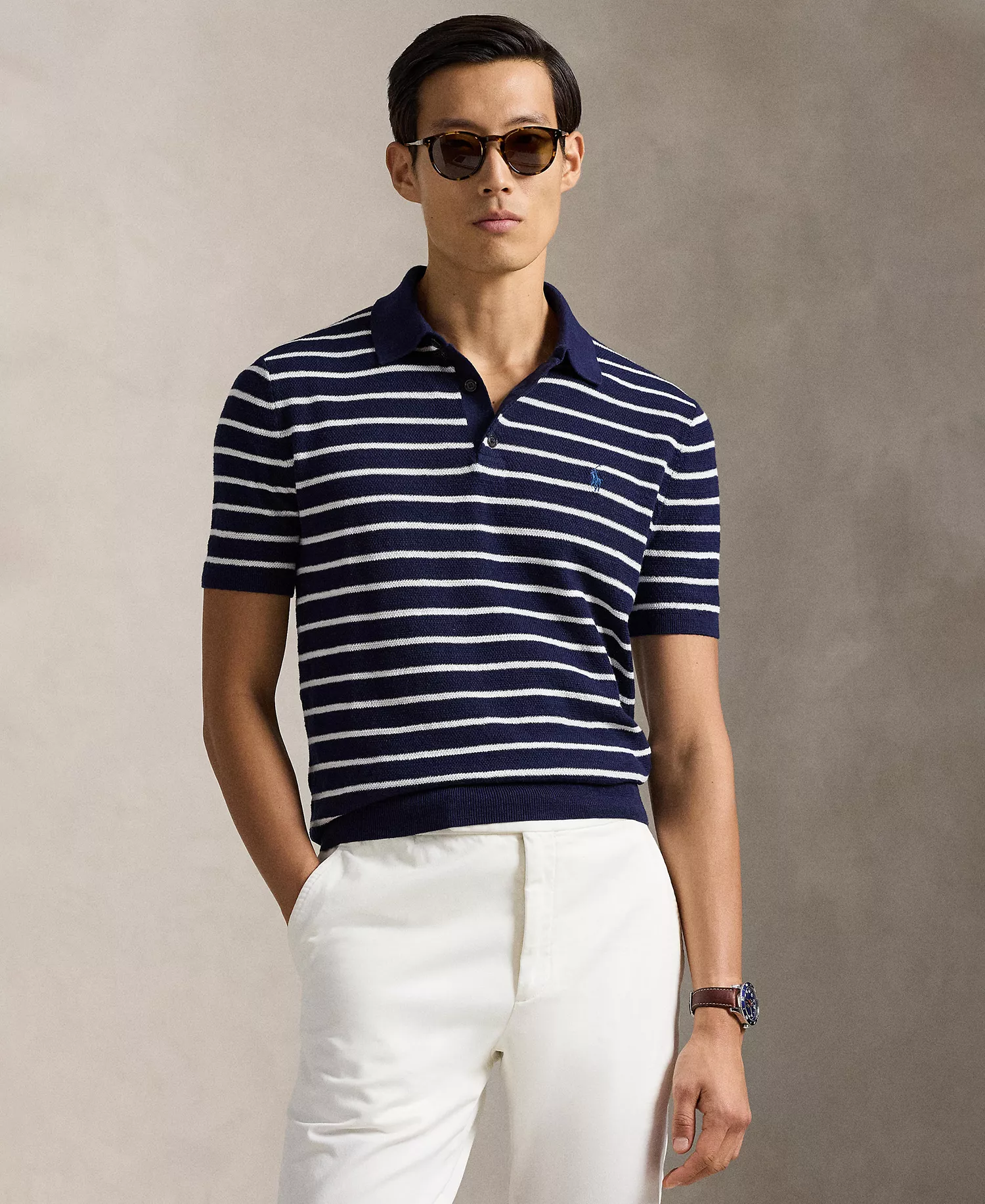 Men's Short-Sleeve Polo Collar Sweater - Bright Navy Combo - 2XL