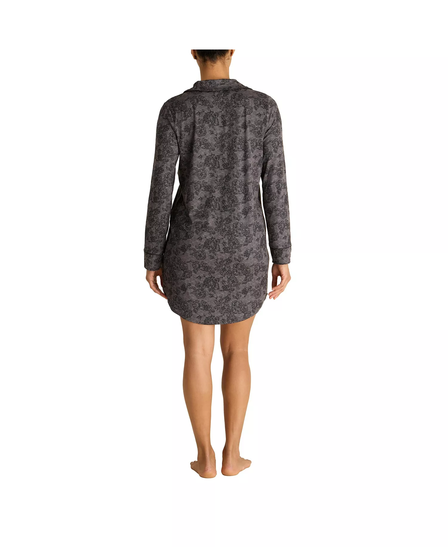 Women's Long Sleeve Button Up Notch Collar Nightshirt with Piping and Pocket - Charcoal etched bouquet - L