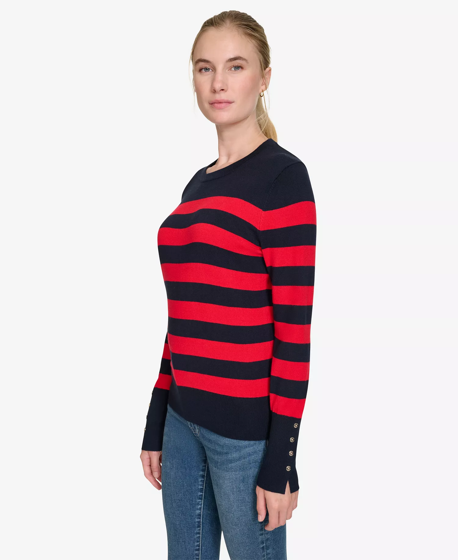 Nautica Women's Crewneck Stripe Sweater with Button Sleeve - Nigh Sky/Regatta Red - XL