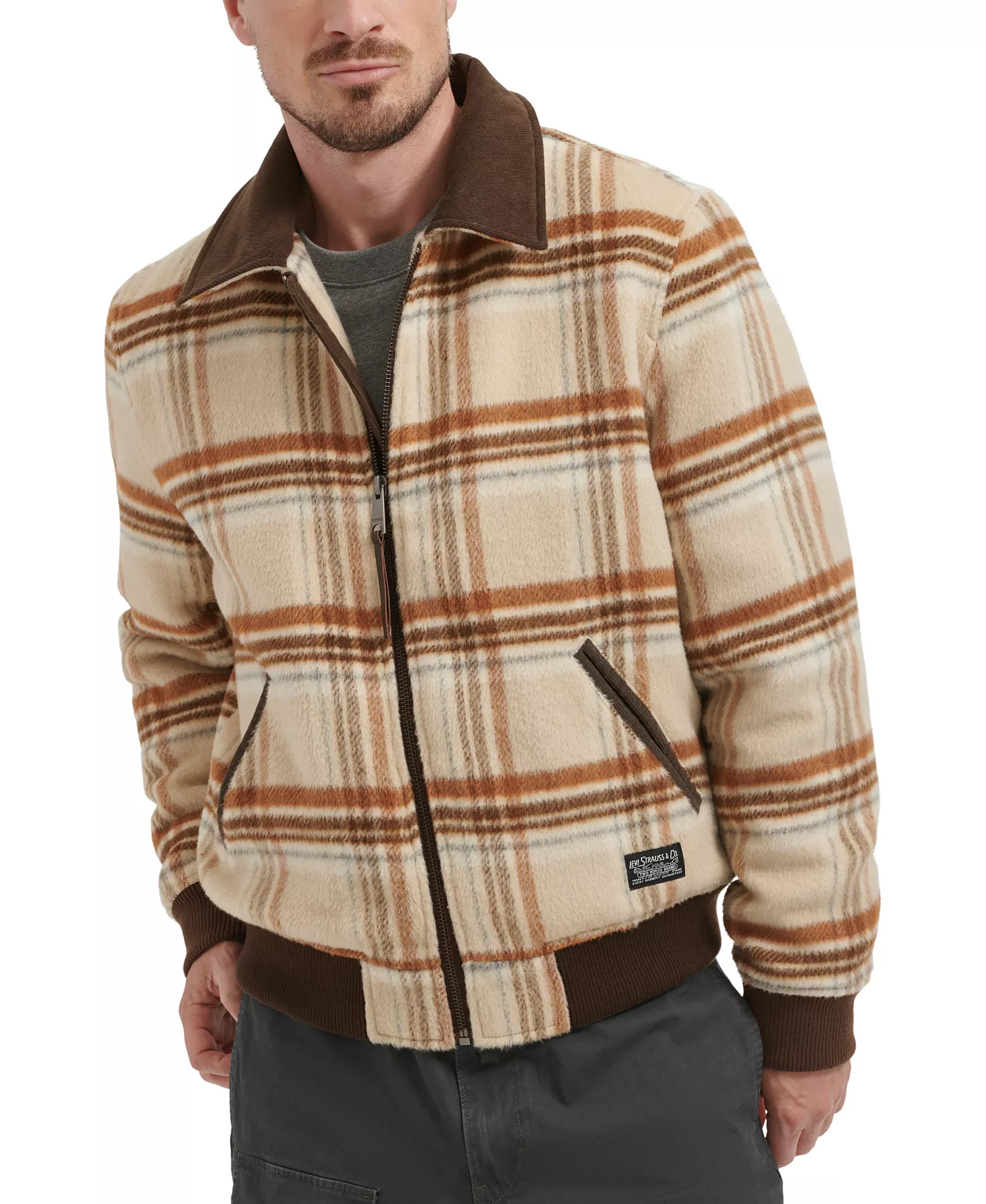 Men's Zip Corduroy-Collar Jacket - Cream Plaid - M