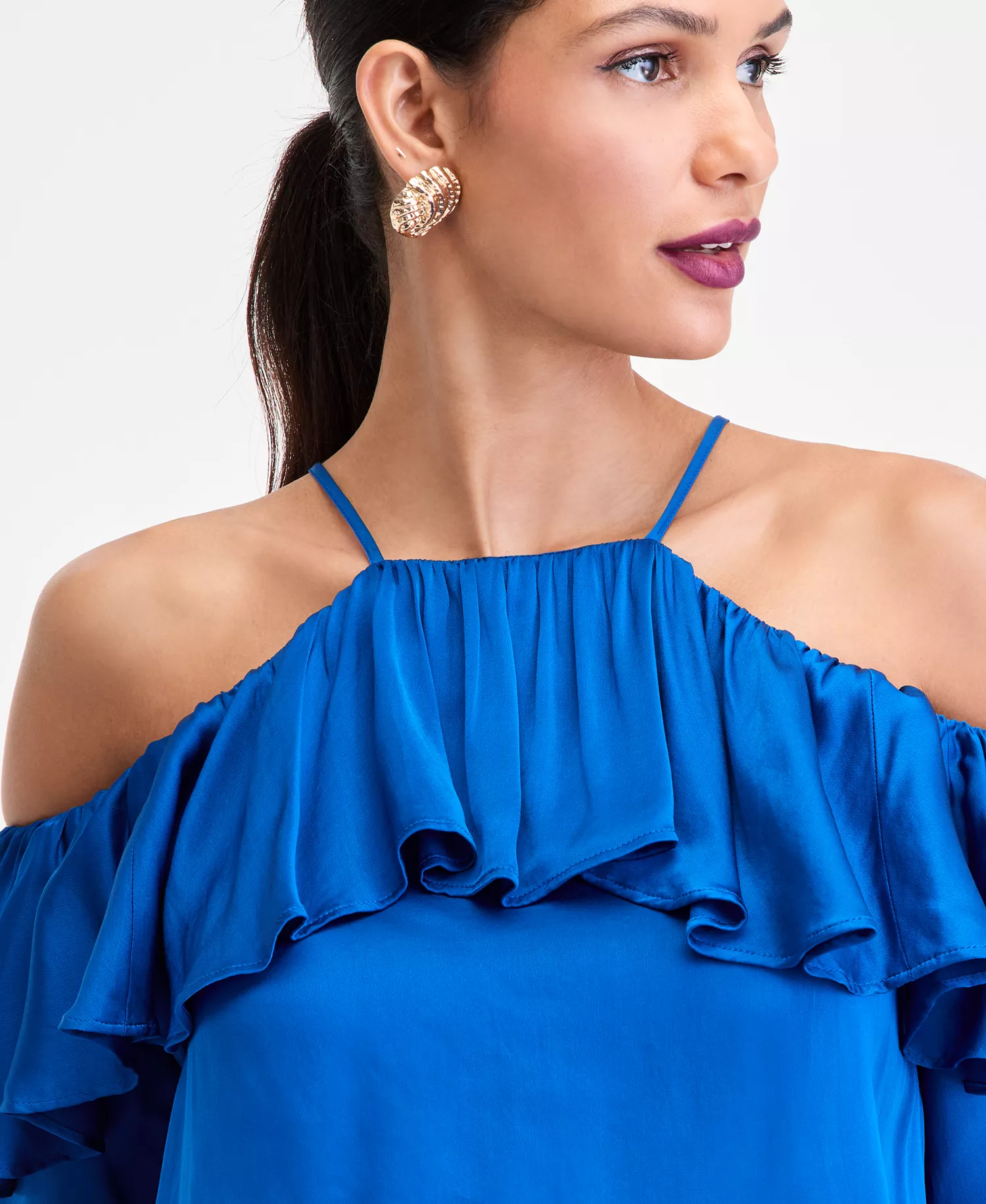 Women's Long-Sleeve Cold-Shoulder Ruffle Blouse, Macy's Exclusive - Cobalt Dream - L