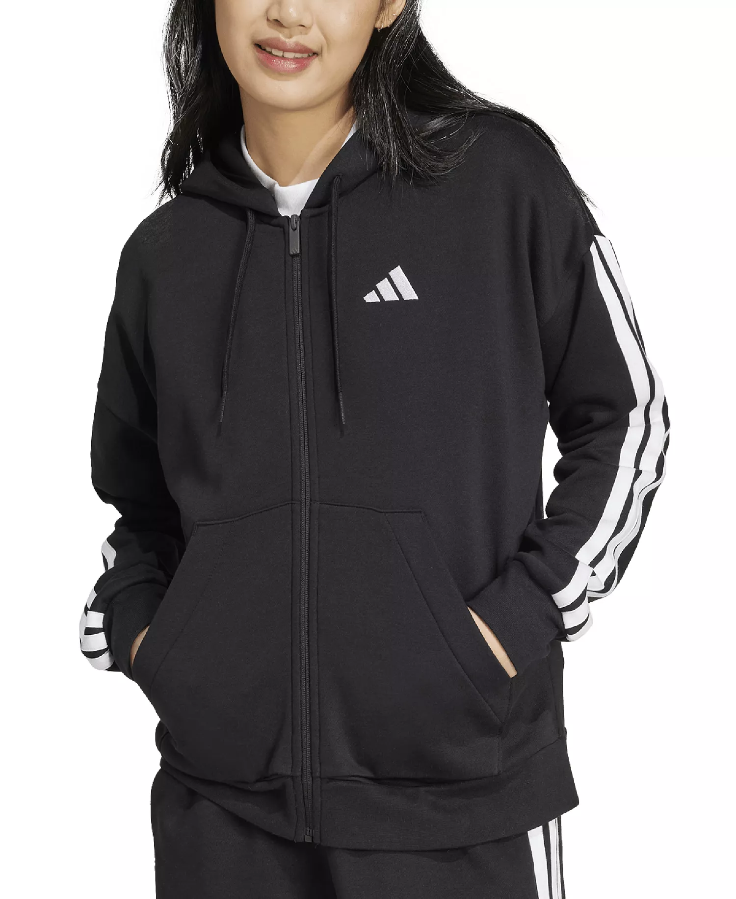 Women's 3-Stripe Fleece Full Zip Hoodie - Black/white - L