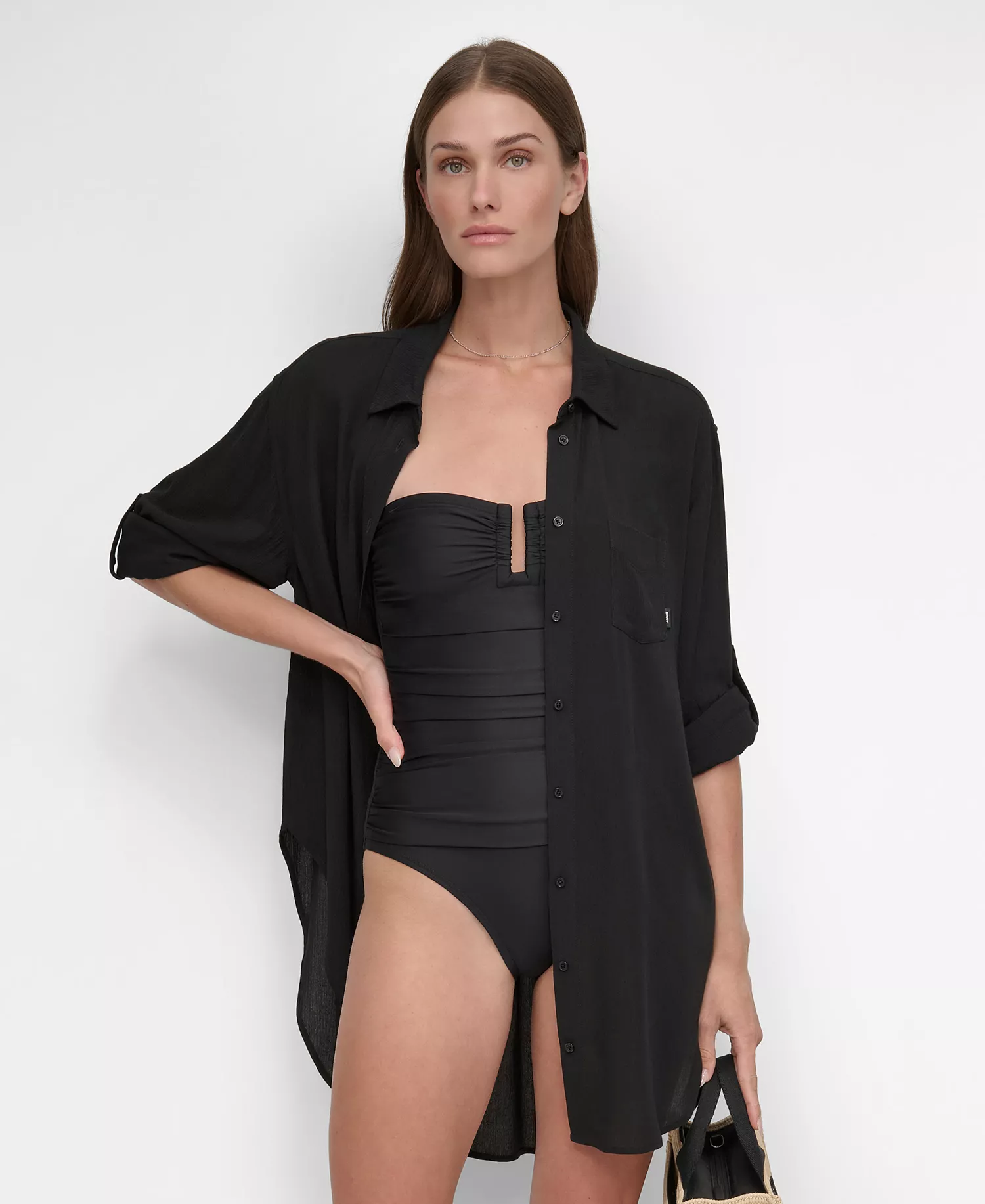 Women's Gauze Collared Button-Front Beach Shirt - Black - L