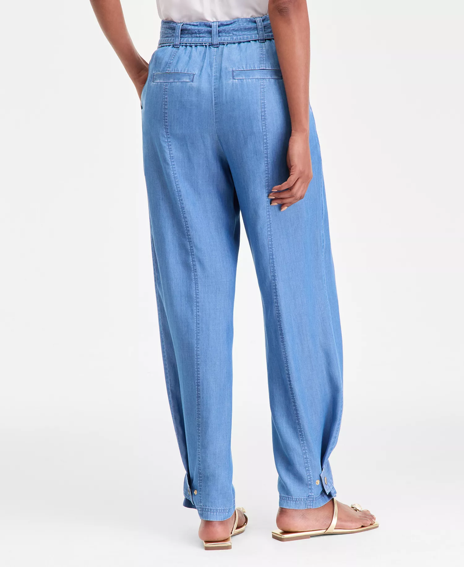 Women's Tie-Waist Chambray Pants, Macy's Exclusive - Medium Indigo - L