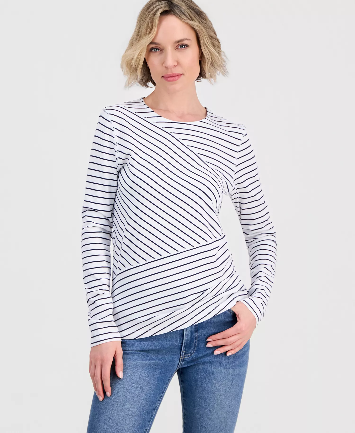 Women's Mixed-Stripe Long-Sleeve T-Shirt - Brght Wh/night Sky - L