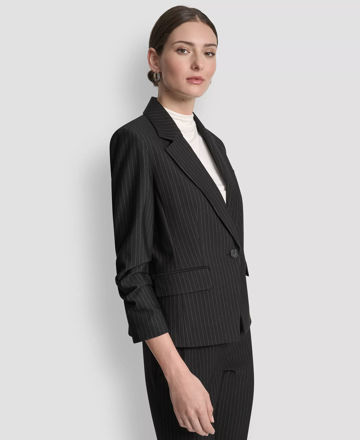 Women's Pinstripe Ruched-Sleeve One-Button Blazer - Black Pinstripe - 10