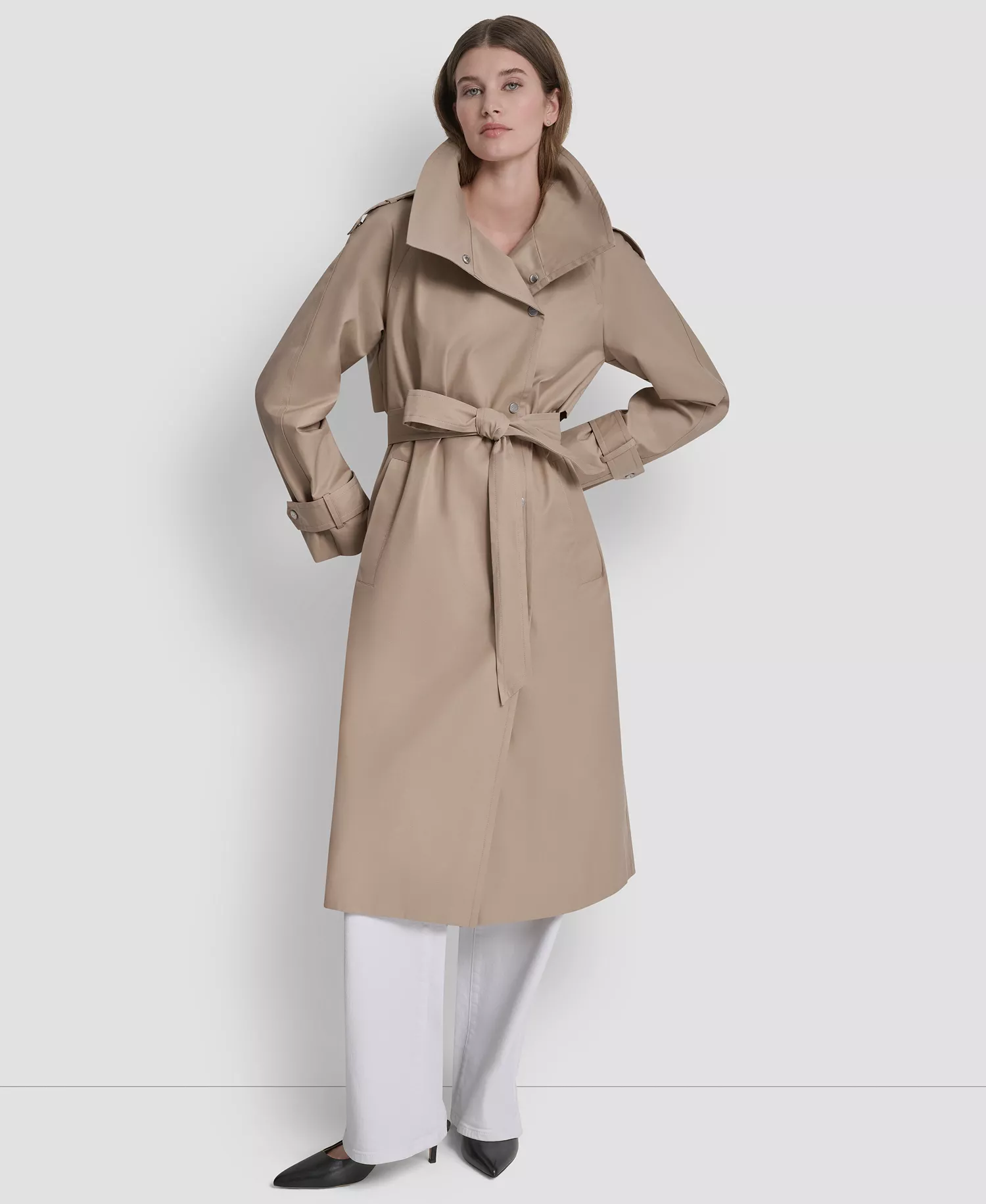 Women's Belted Funnel Collar Long Trench Coat - Khaki - L