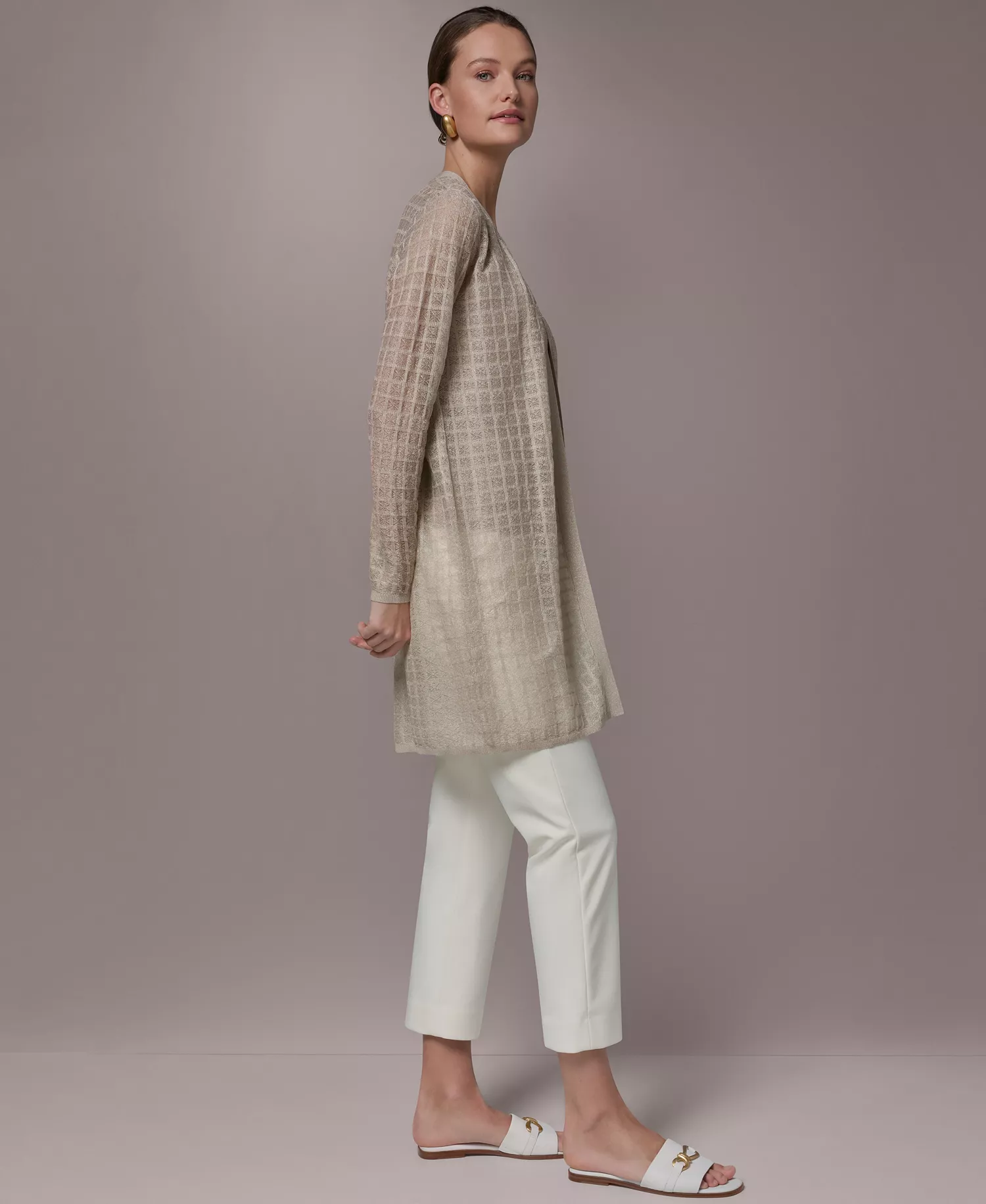 Women's Grid Pattern Long-Sleeve Cardigan - Tuscan Gray - L