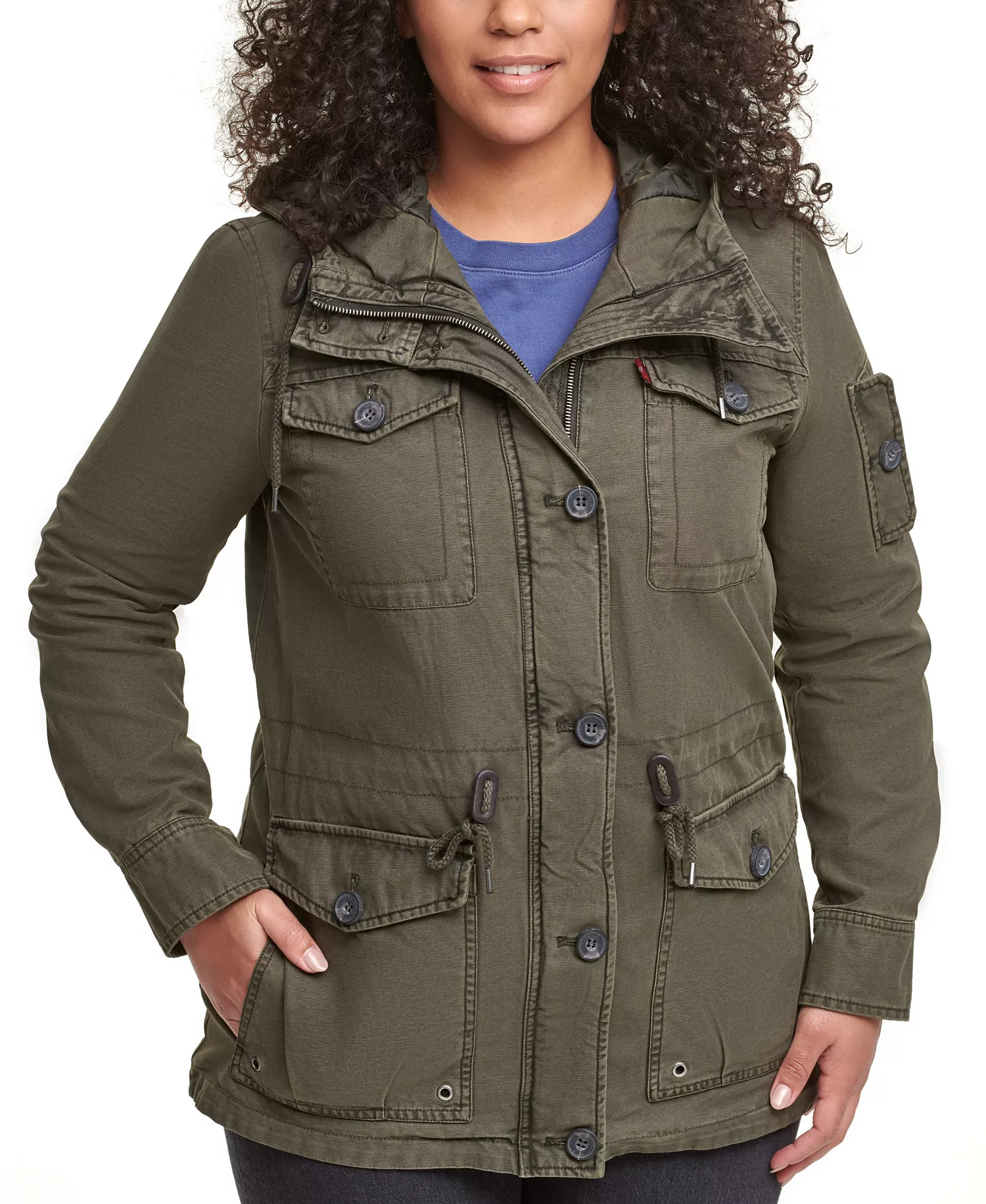 Trendy Plus Size  Cotton Hood Utility Jacket - Army Green - 1X