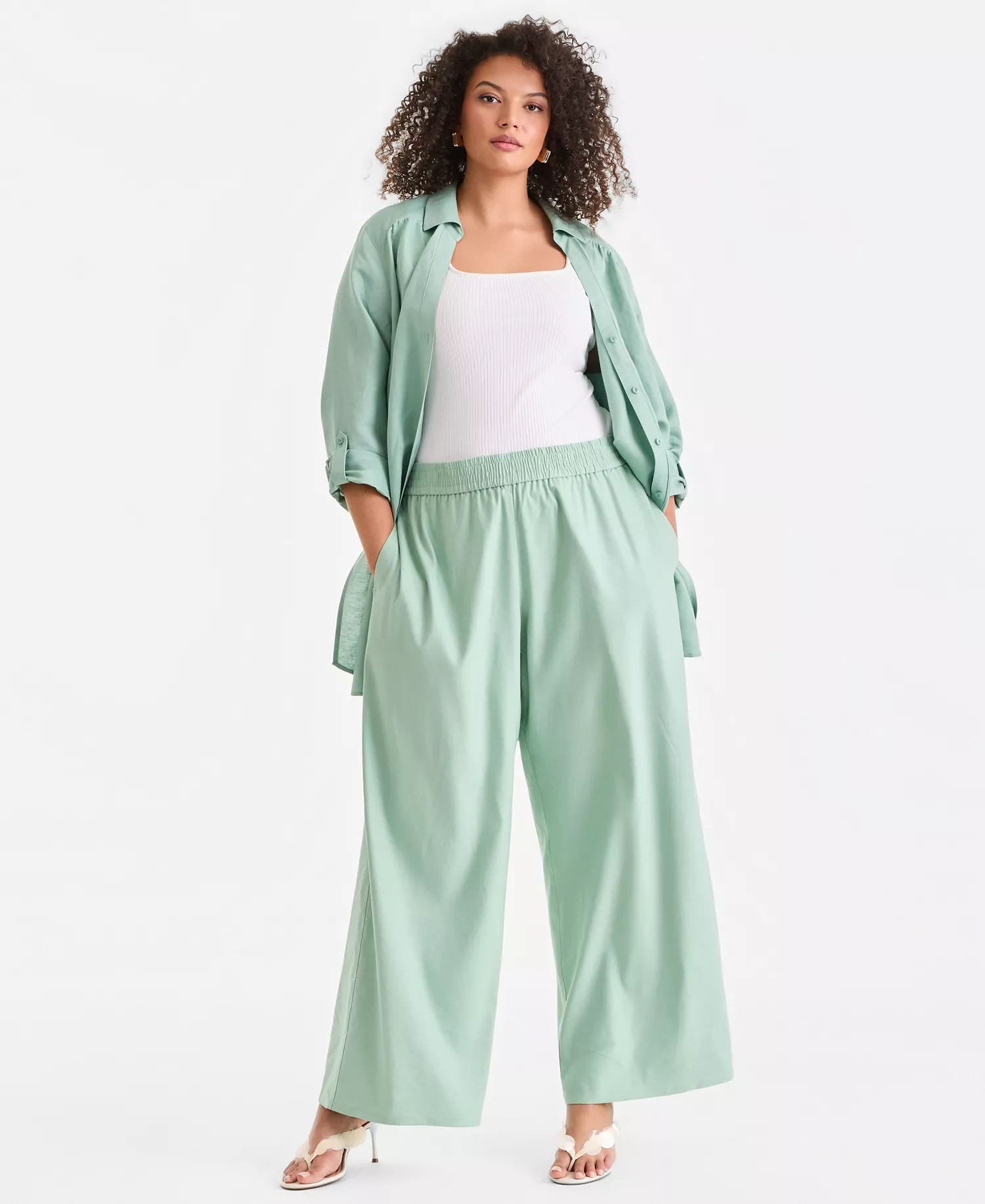 Plus Size Pull-On Wide-Leg Pants, Created for Macy's - Faded Moss Green - 0X