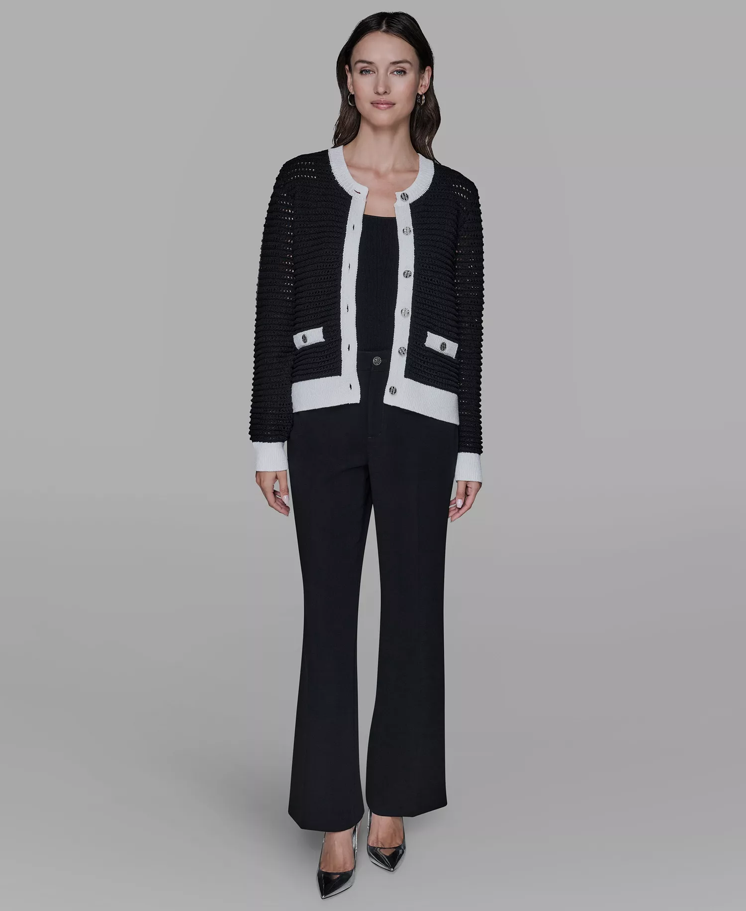 Women's Button-Front Cardigan - Black/soft White - L