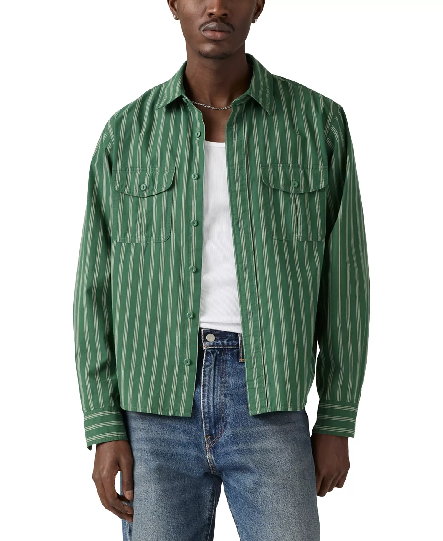 Men's Morro Relaxed Fit Cropped Long Sleeve Striped Button-Front Shirt - Green - 2XL
