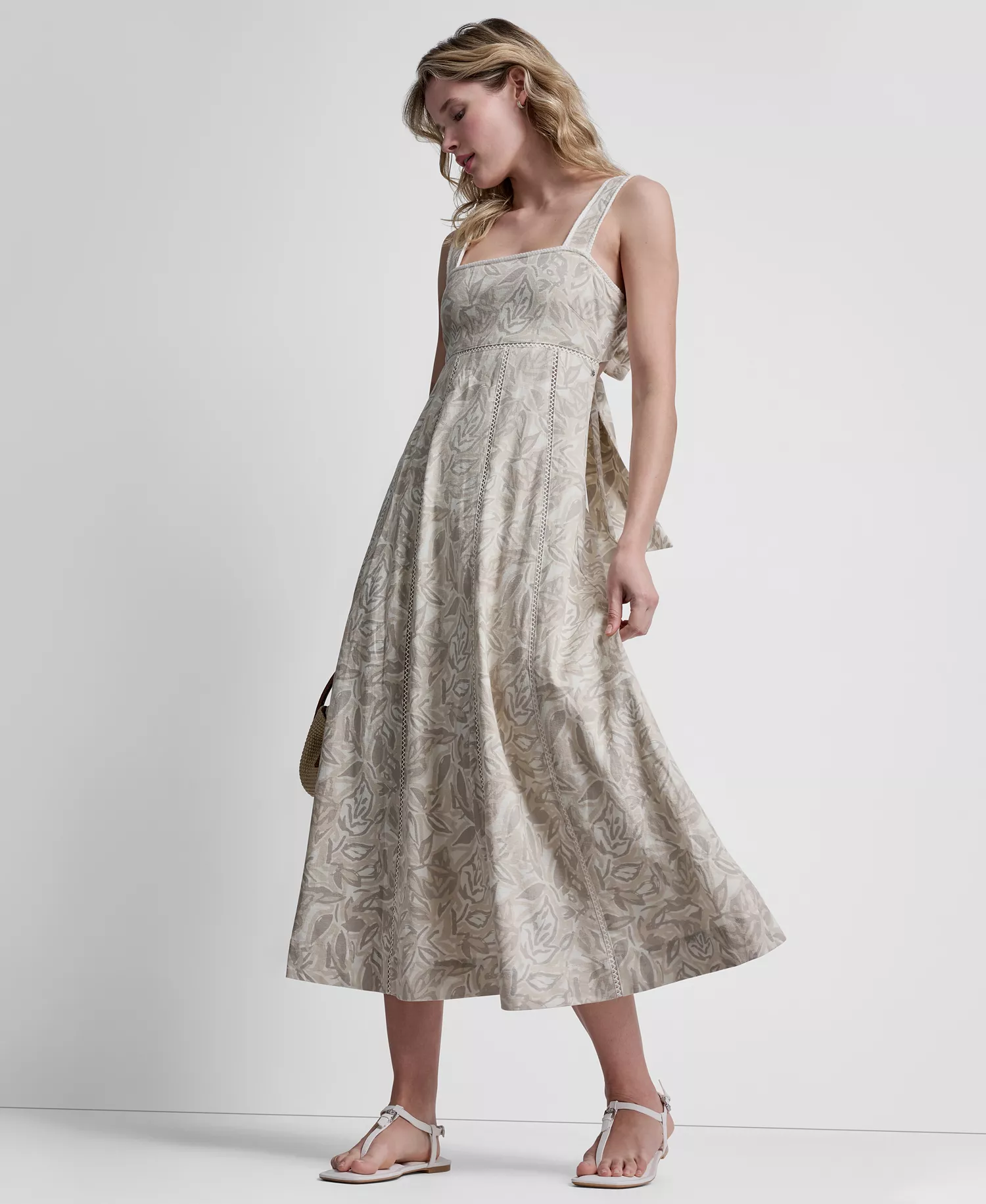 Women's Seamed Linen-Blend Tank Square Neck Dress - Cut Out Floral-pebble - L