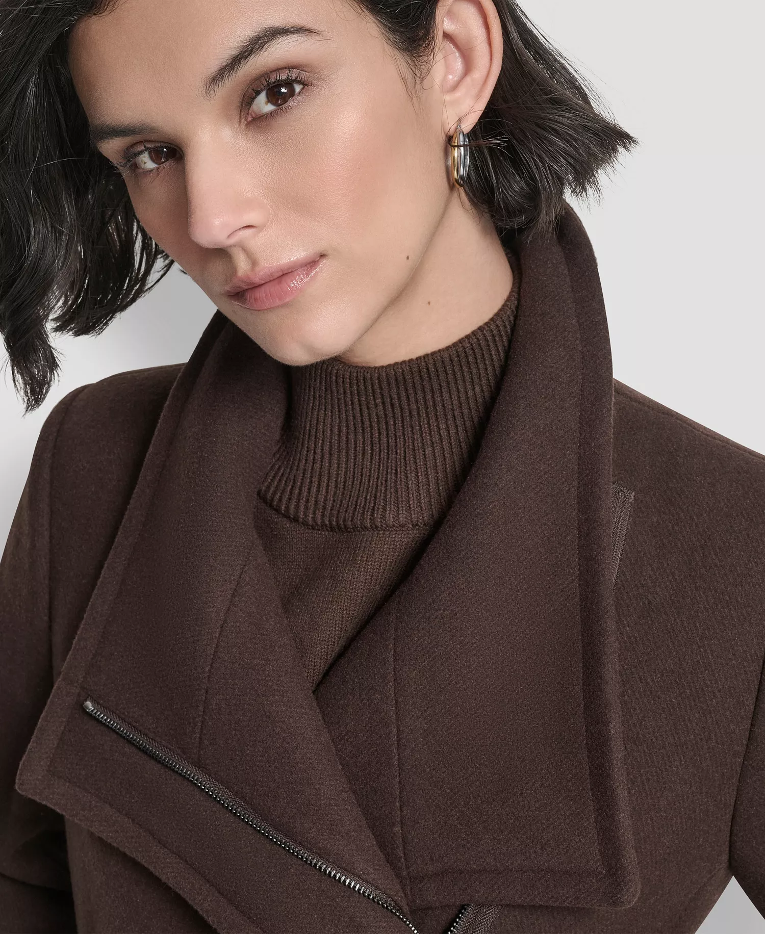 Women's Wing Collar Asymmetrical Wrap Coat - Bitter - L