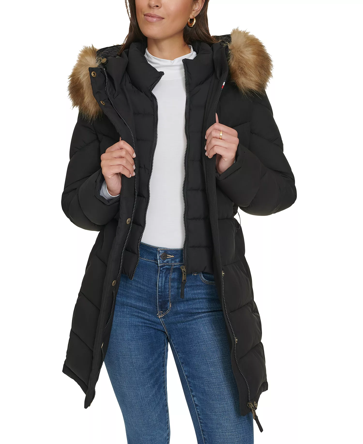 Women's Faux-Fur-Trim Hooded Puffer Coat, Created for Macy's - Black - L
