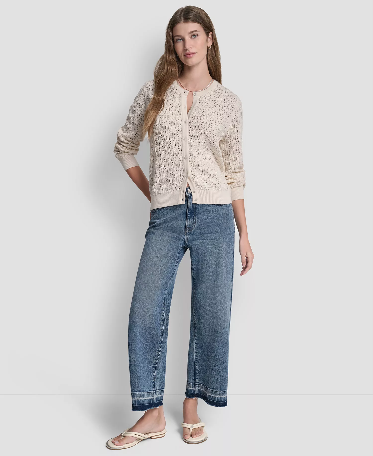 Women's Crew Neck Long-Sleeve Cardigan Sweater - Eggnog - L