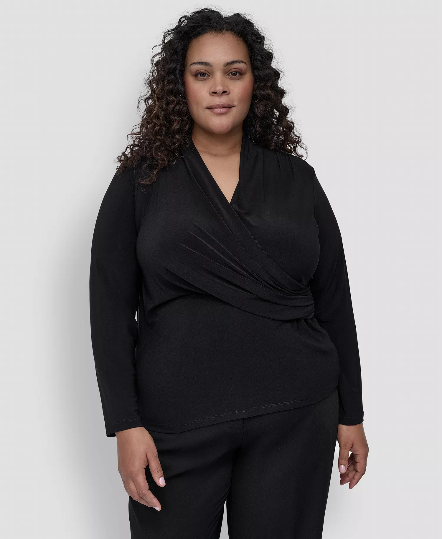Plus Size Long-Sleeve Faux-Wrap Top - Black - 1X