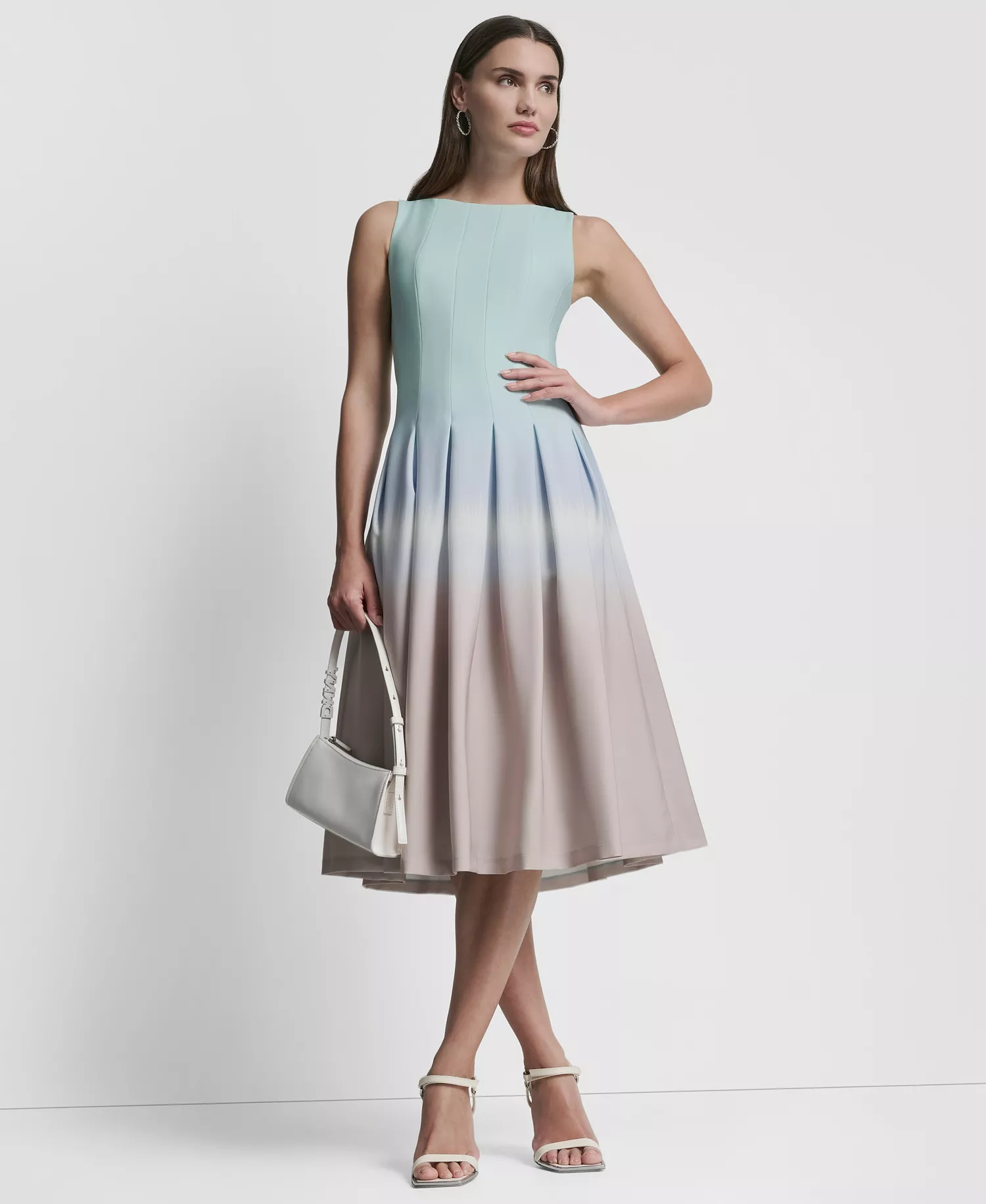 Women's Sleeveless Pleated Boat Neck Midi Dress - Bleached Aqua Multi - 0P