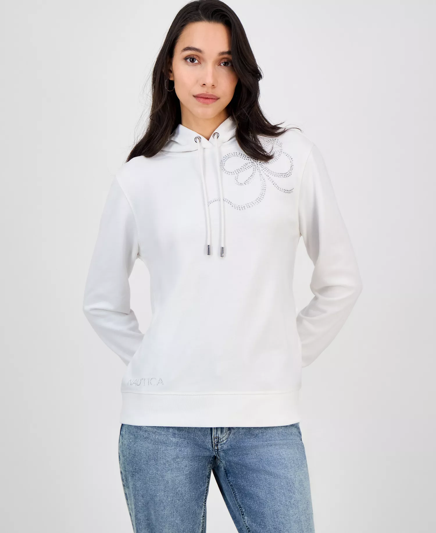 Nautica Women's Embellished Bow Hooded Sweatshirt - Bright White - L