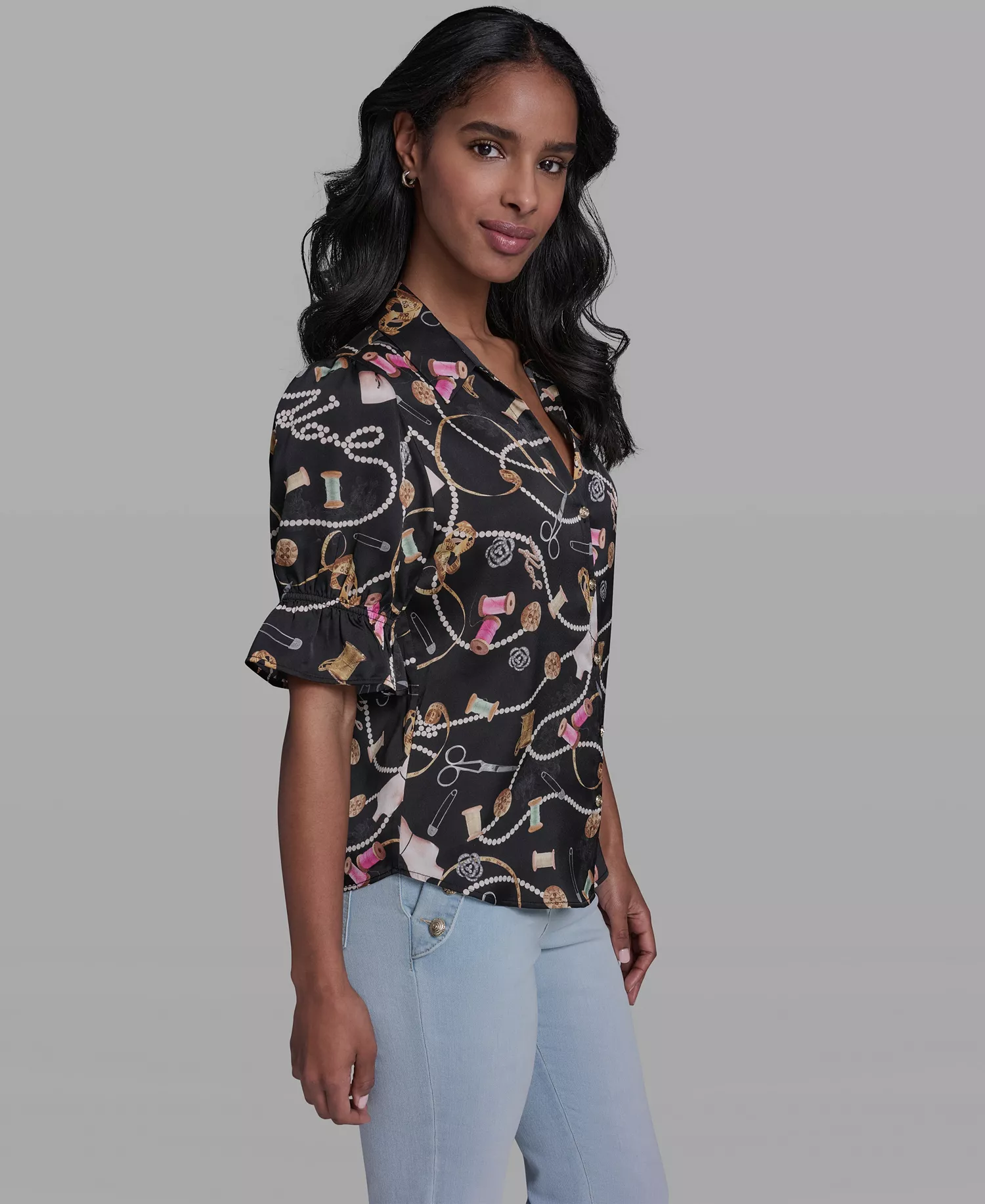 Women's All-Over Sewing Detail Printed Button-Front Blouse - Black Multi - L