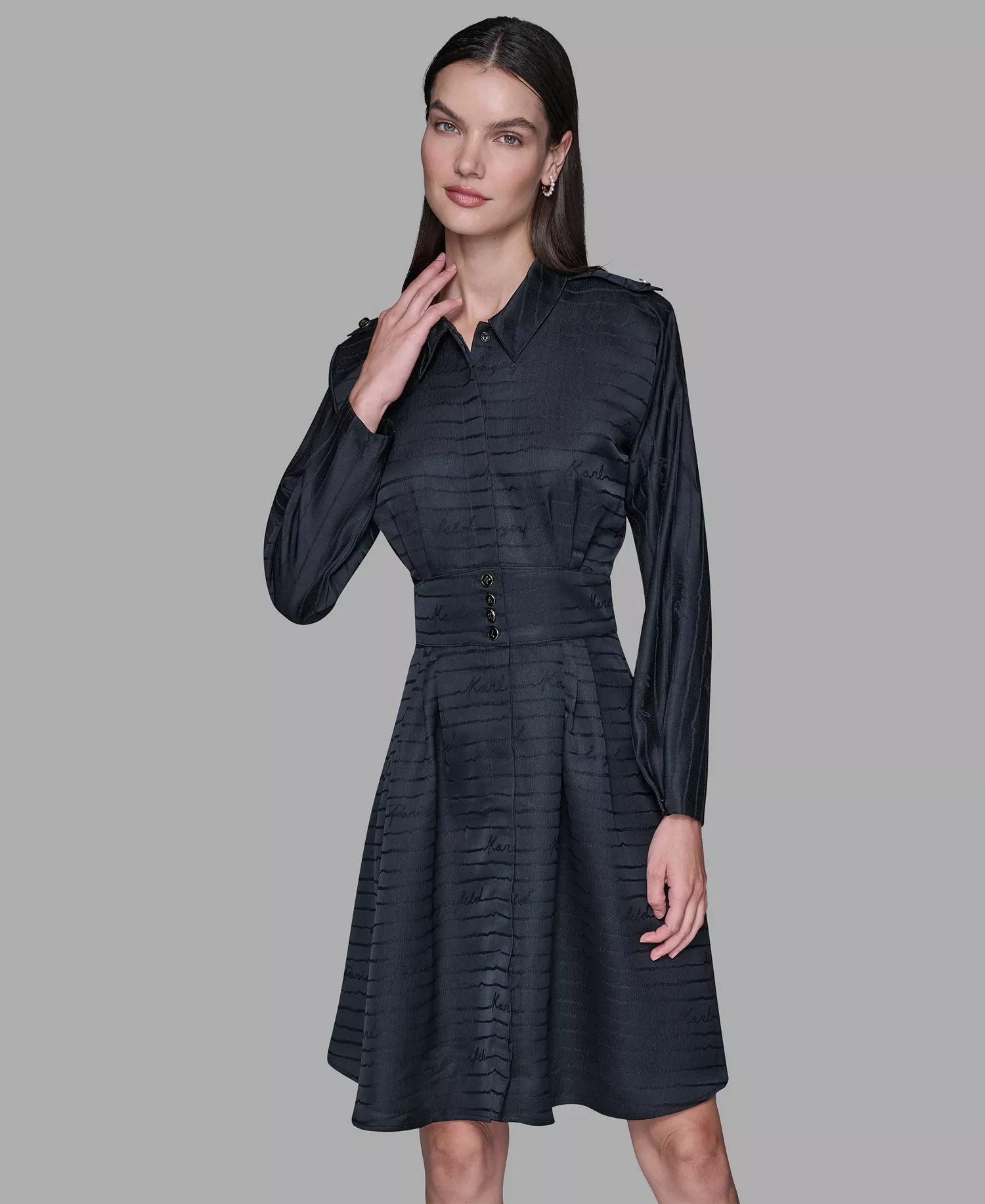Women's Tonal Long-Sleeve Collared Jacquard Dress - Black - 10