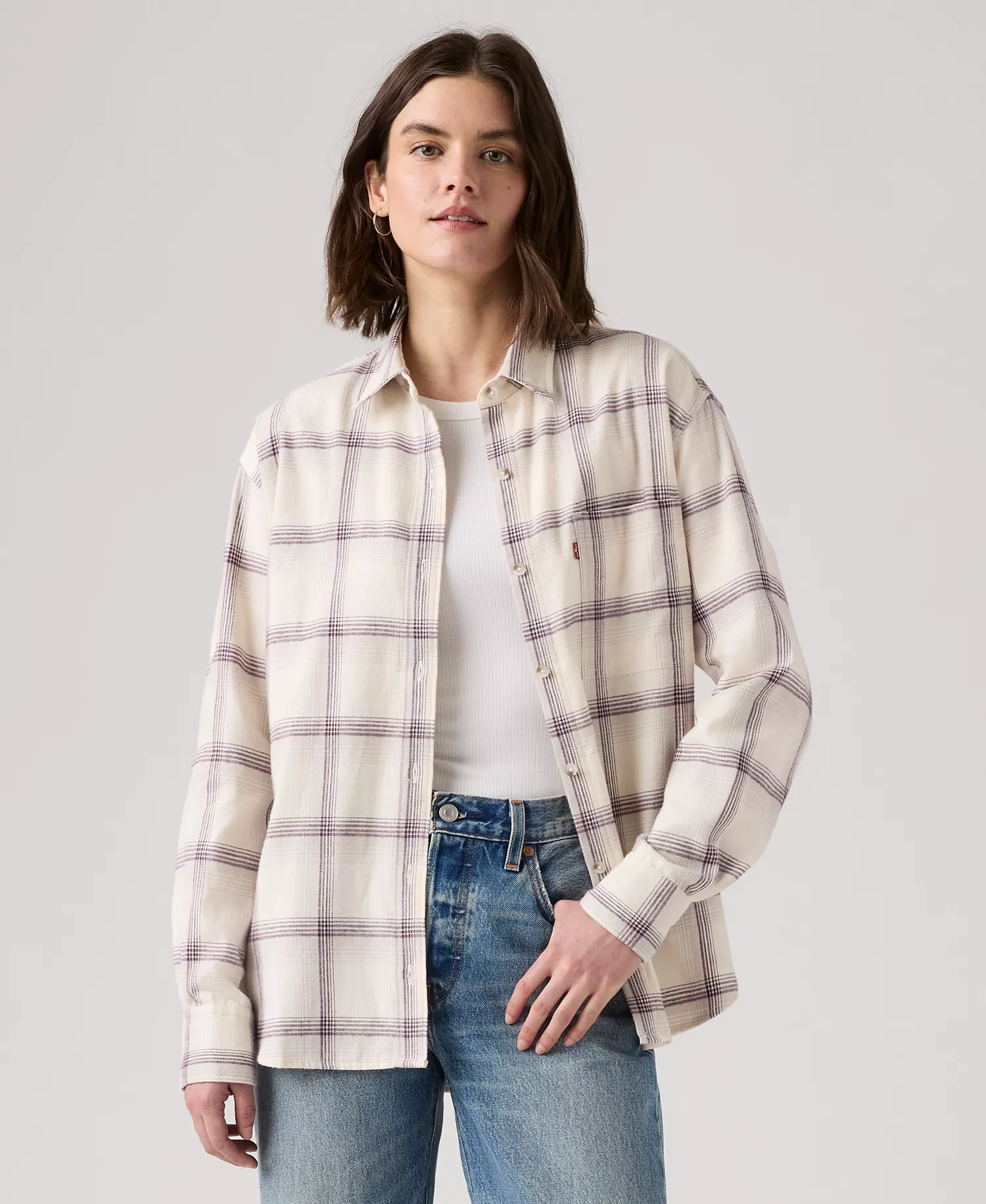 Women's Henriette Flannel Long Sleeve Shirt - Manon Plaid Whisper White - L