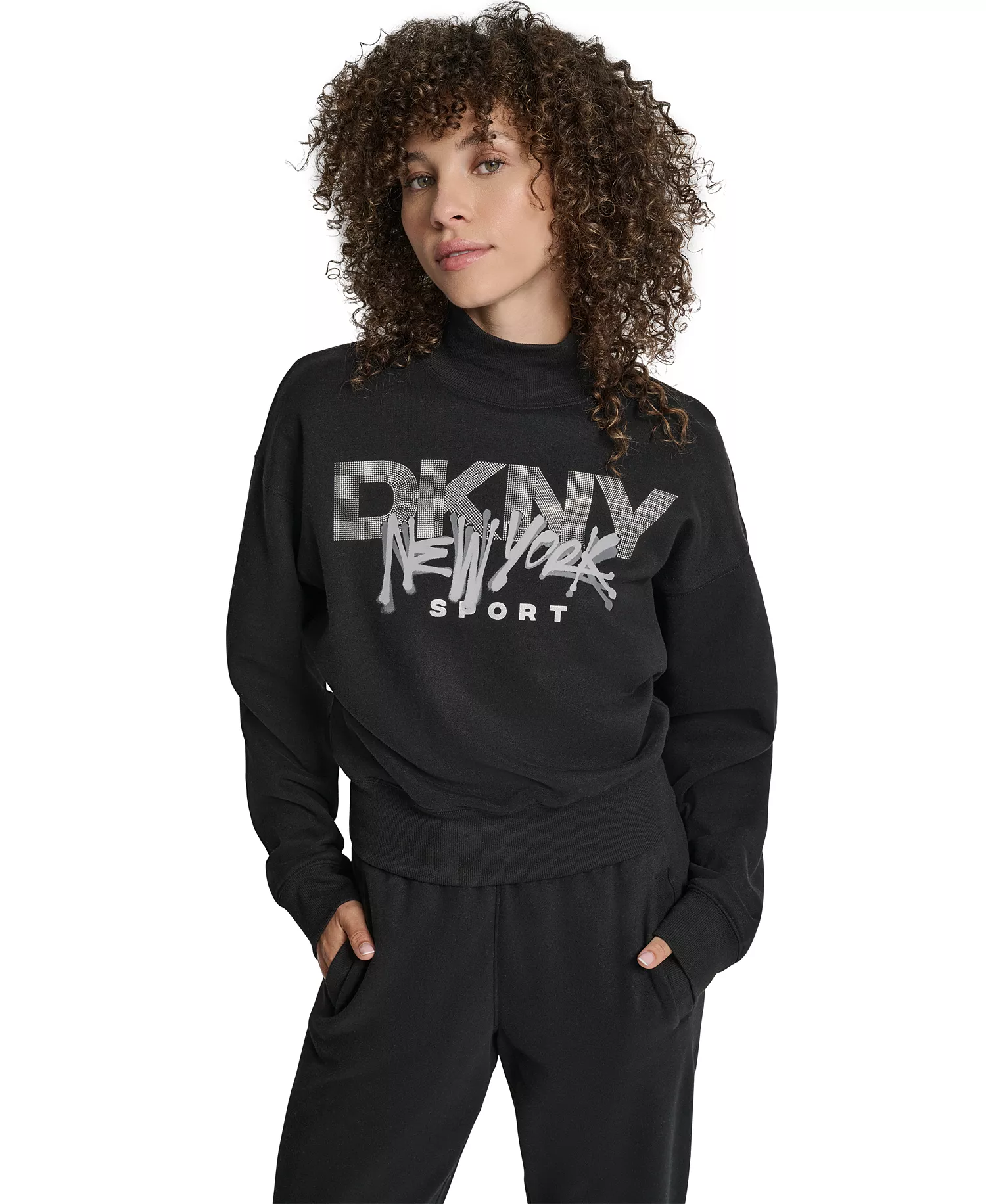 Women's Graffiti New York Logo Oversized Mock Neck Sweatshirt - Black/Grey Space Dey ll - L