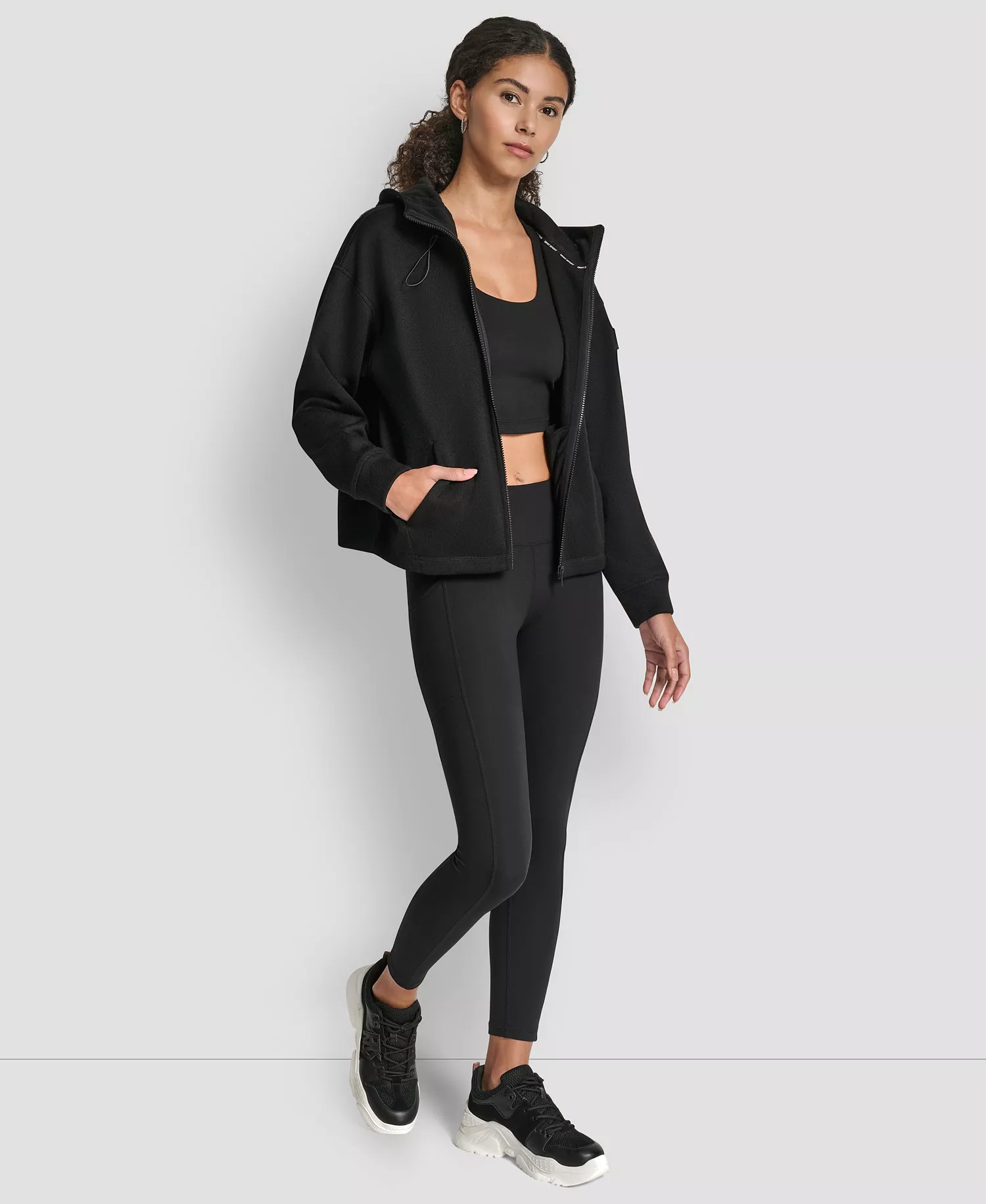 Women's Hooded Neck Zipper Jacket - Black - L