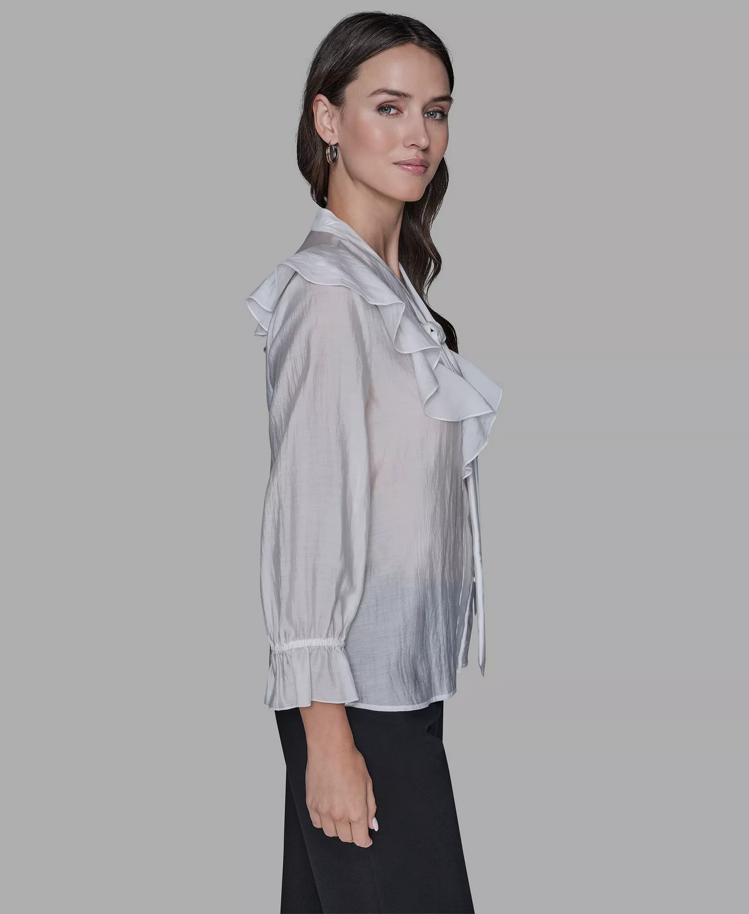Women's Mock Neck Solid Organza Blouse - Soft White - L