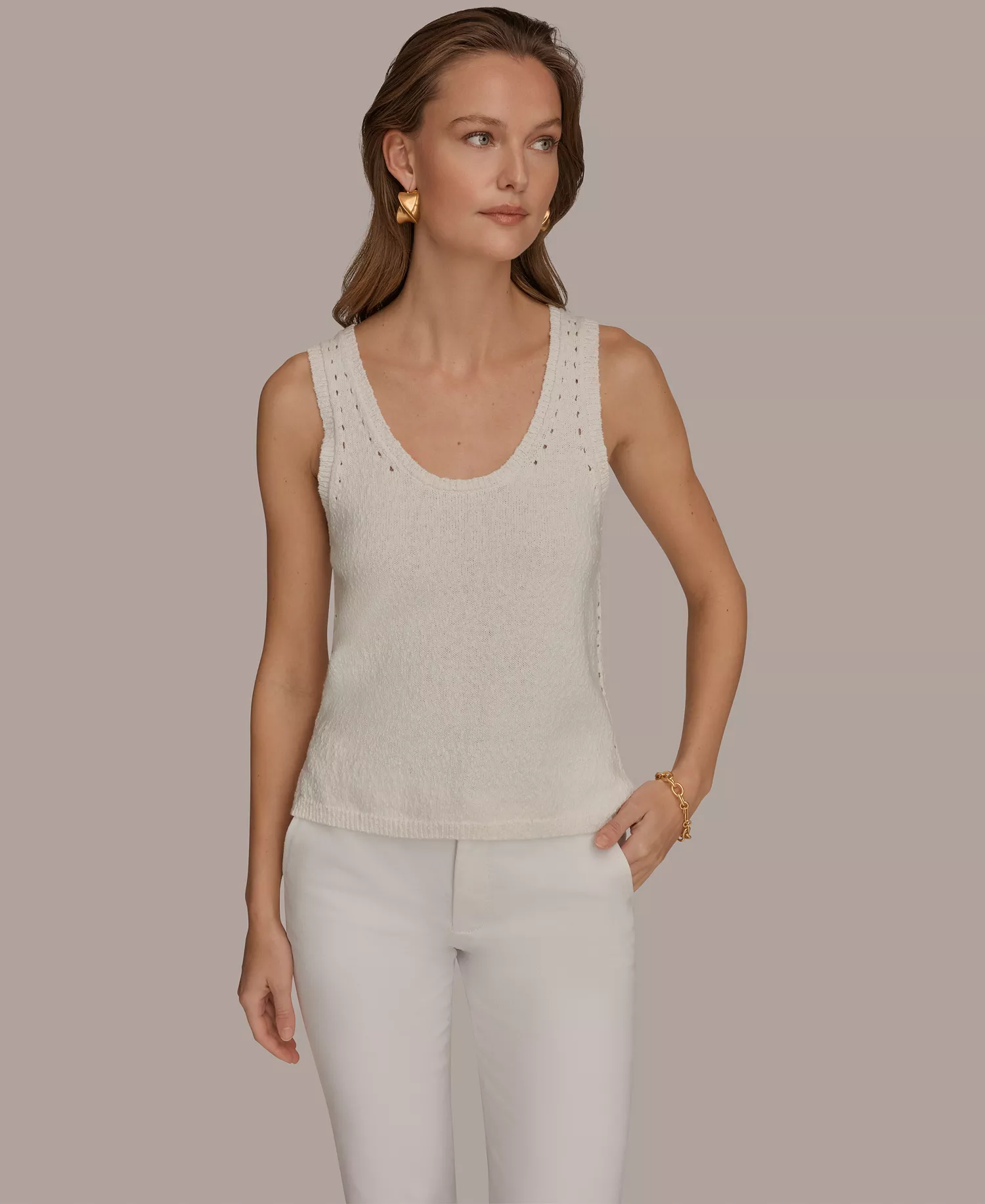 Women's Scoop Neck Pointelle Stitched Tank Sweater - Cream - L