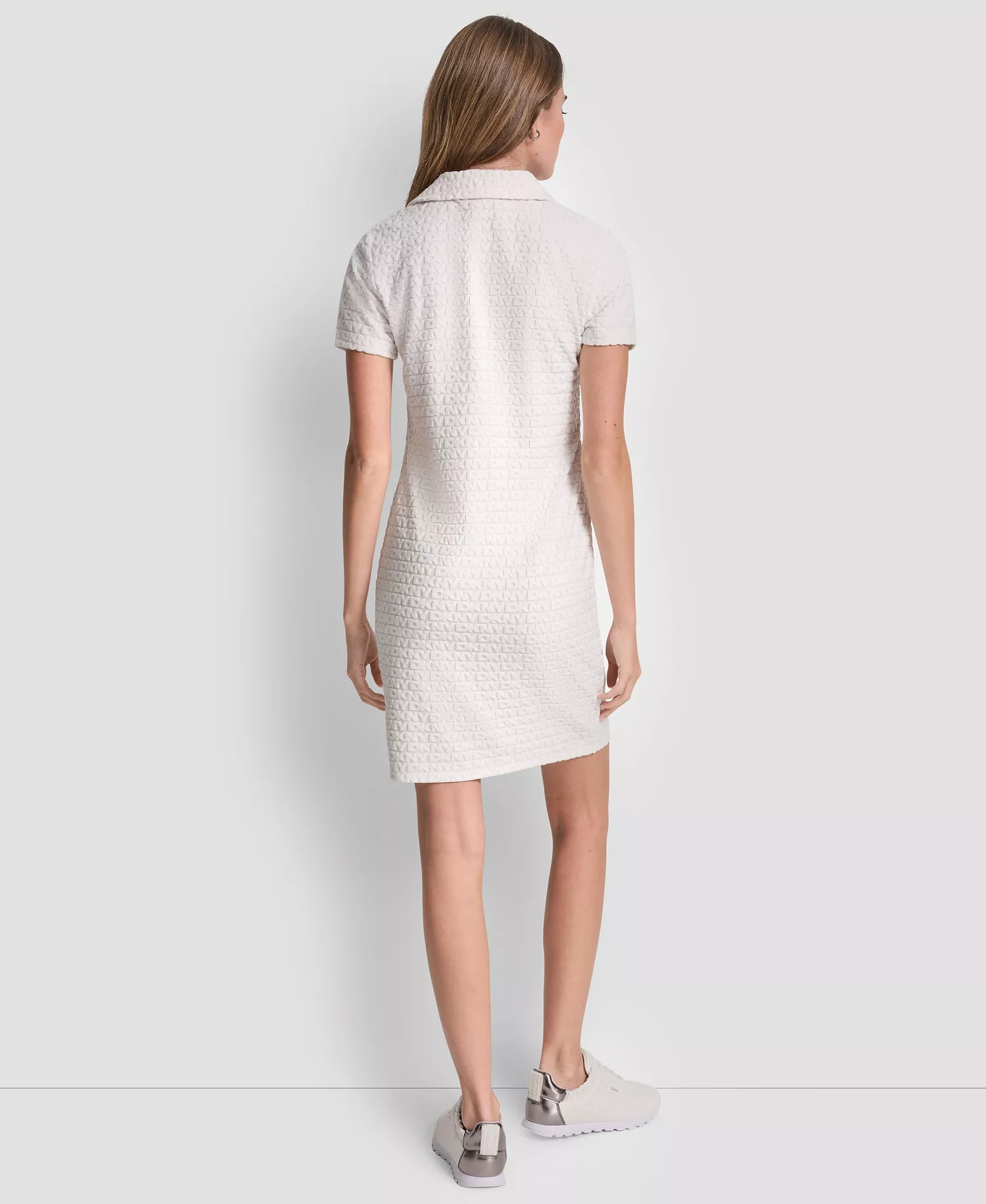 Women's Logo Jacquard Split Neck Collared Mini Polo Dress - Ivory - L