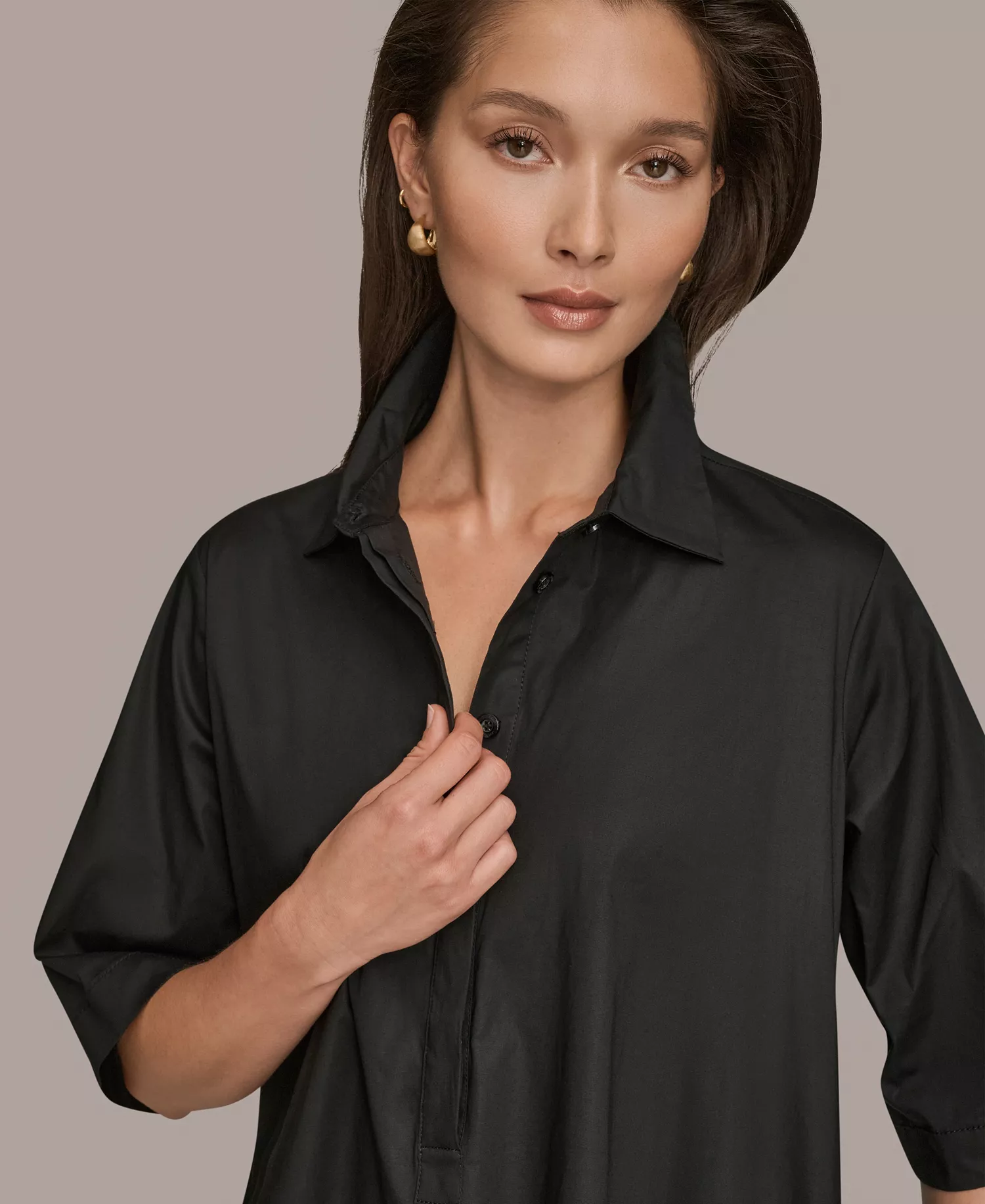 Women's Stretch Poplin Elbow-Sleeve Hidden Placket Dress - Black - L
