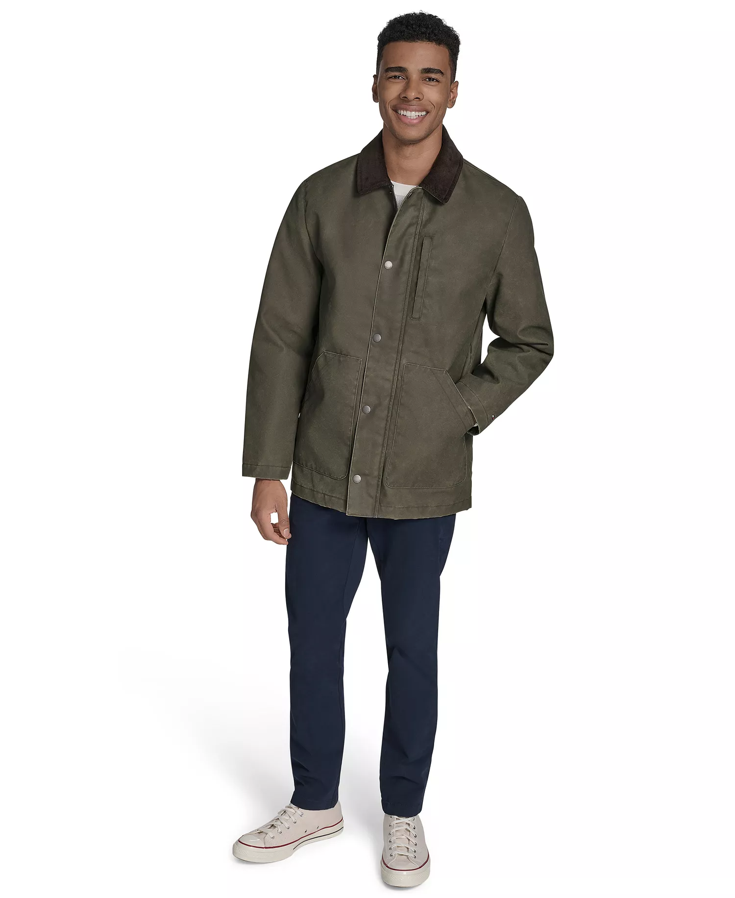 Men's Cotton Barn Coat with Corduroy Collar - Forest Night - L
