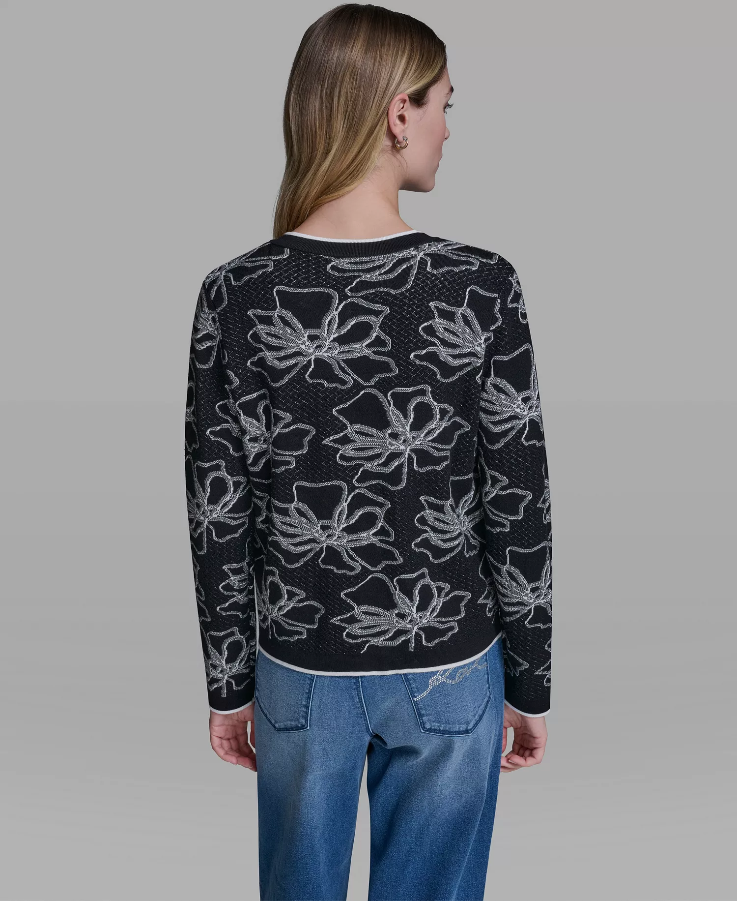 Women's Flower Embroidered Cardigan Sweater - Black/soft White - L