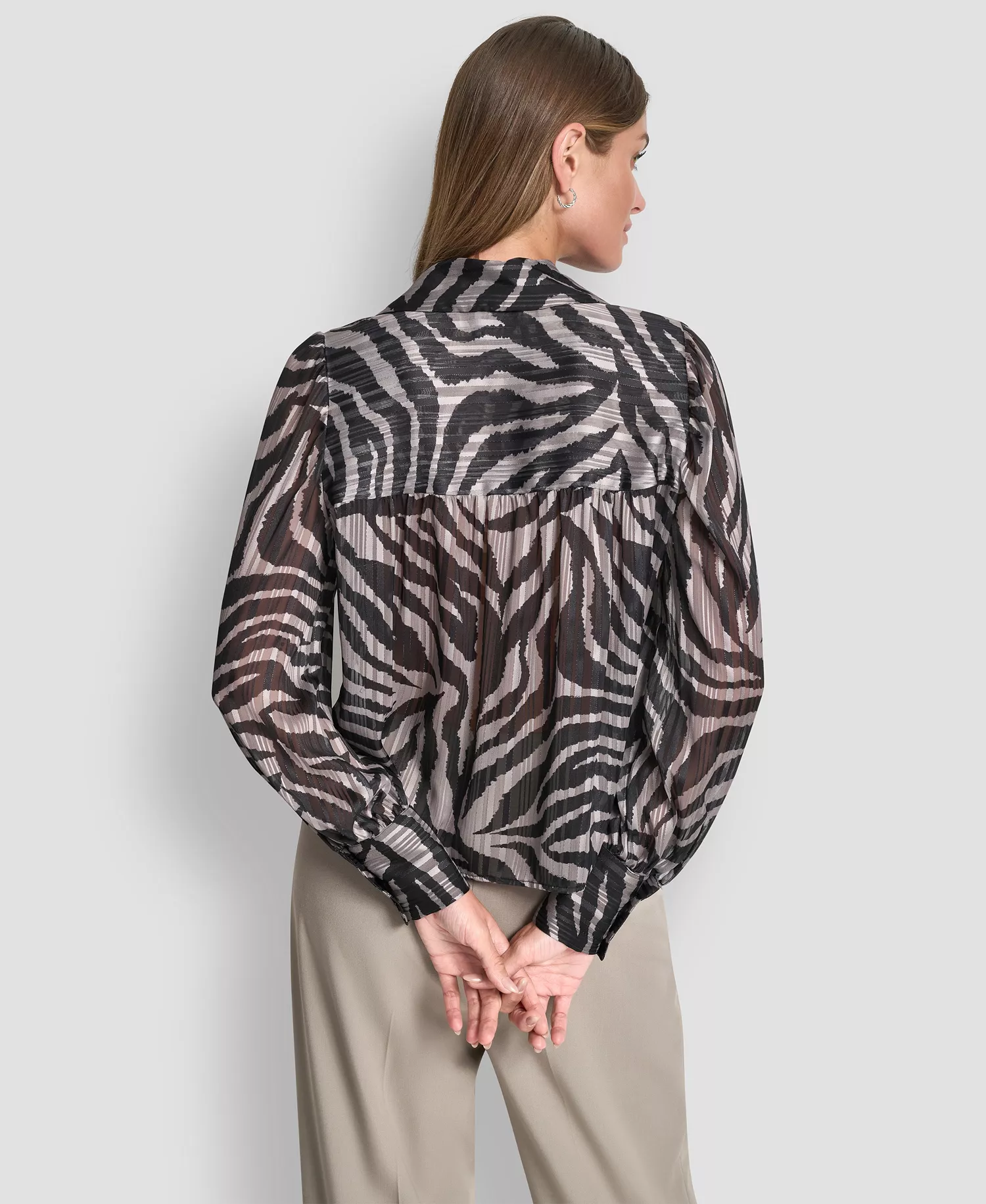 Women's Long Sleeve Collared Blouse - Black/tan - L