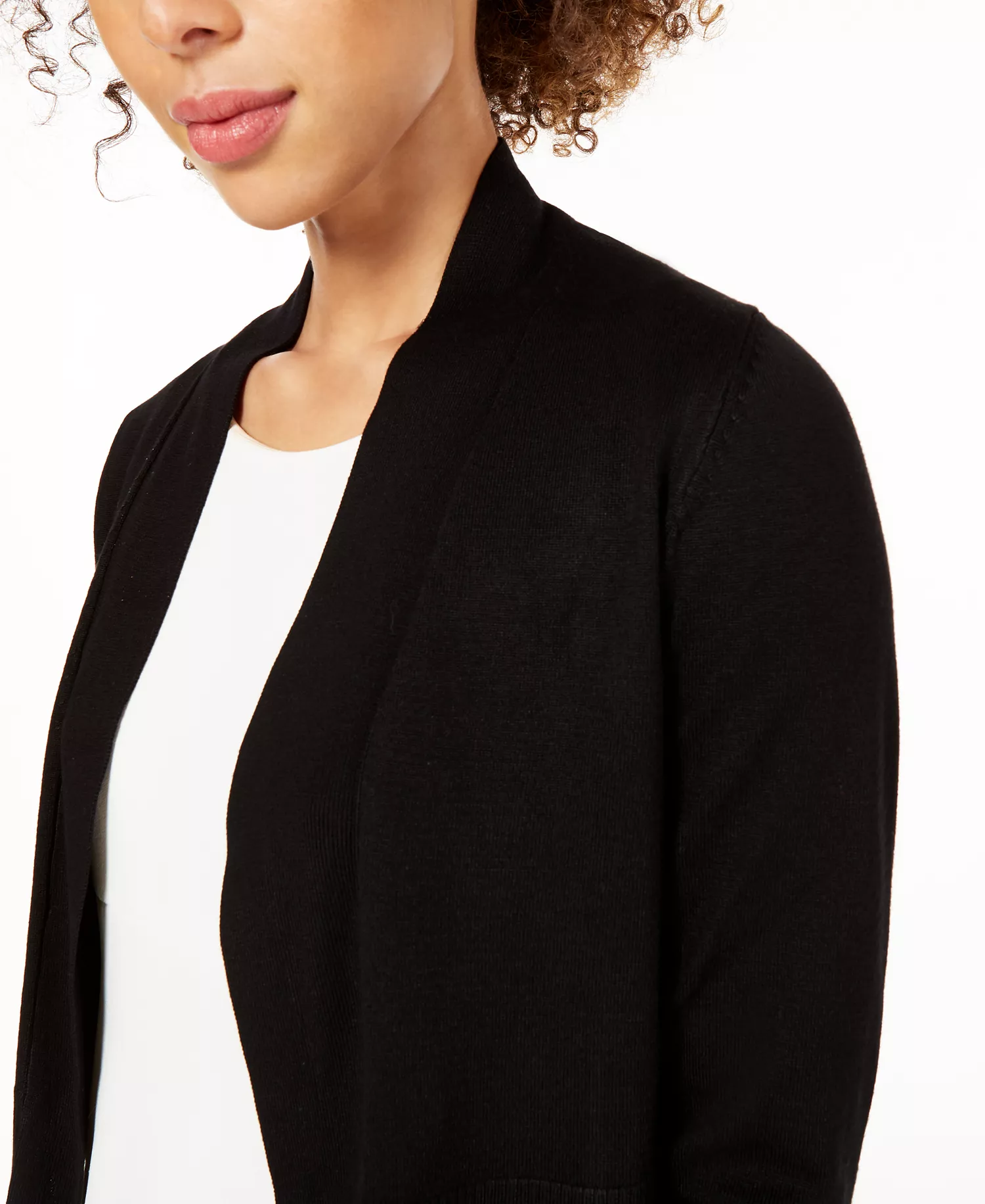 Women's Cropped Open-Front Three-Quarter Sleeve Cardigan - Black - L