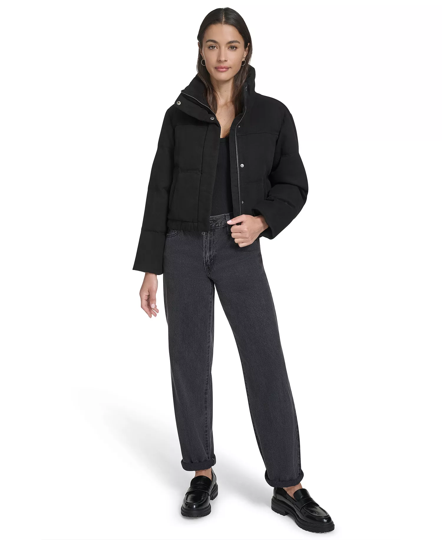 Women's Regular Cropped Cotton Puffer Jacket - Black - L