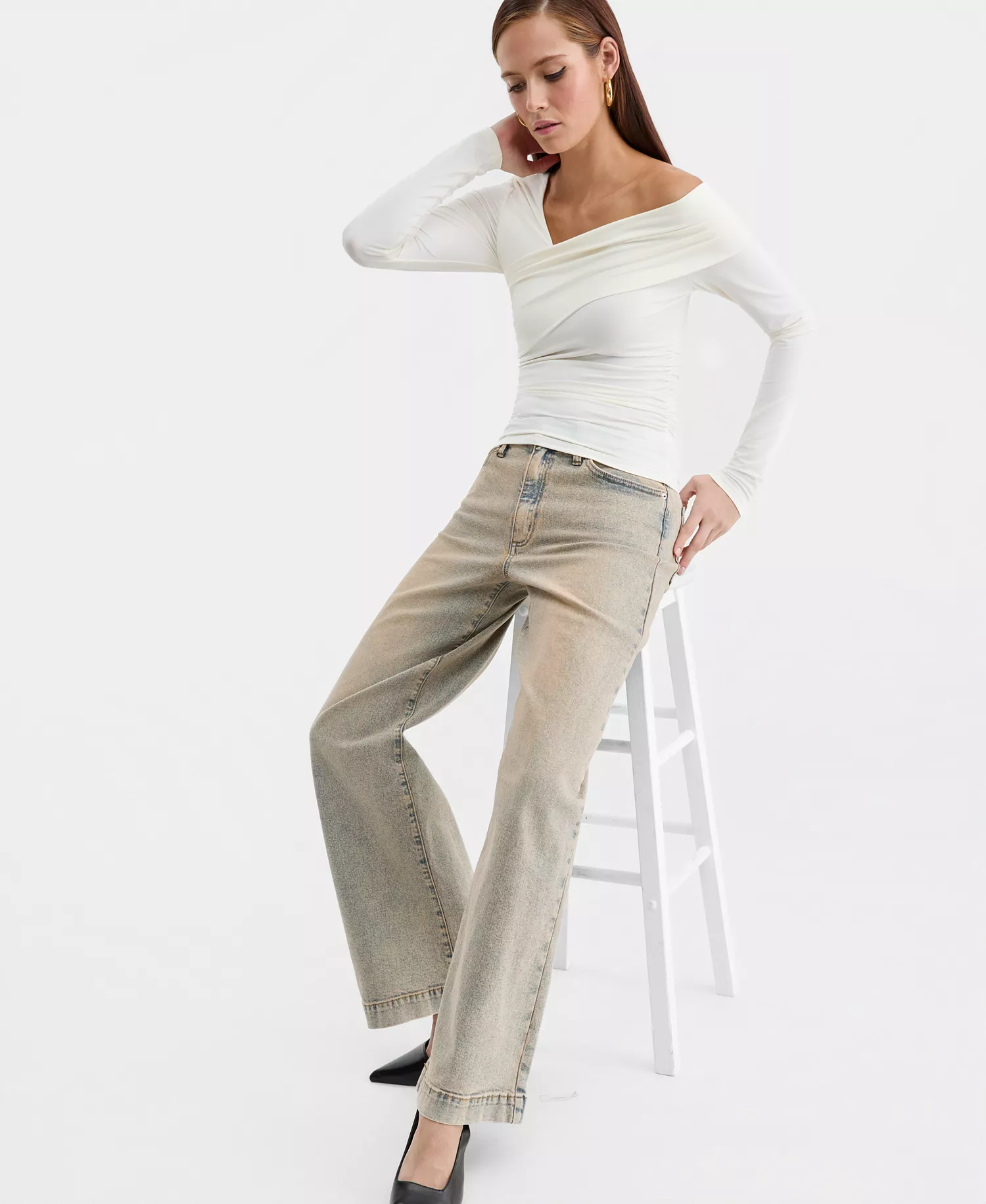 Women's Asymmetric Long-Sleeve Top, Macy's Exclusive - Crema - L