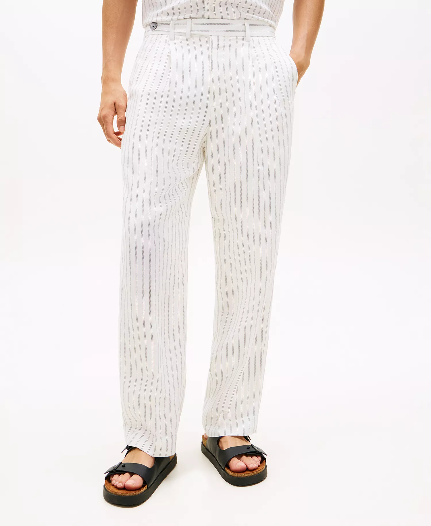 Men's Stripe Linen-Blend Regular-Fit Pants - White/Black - 30x30