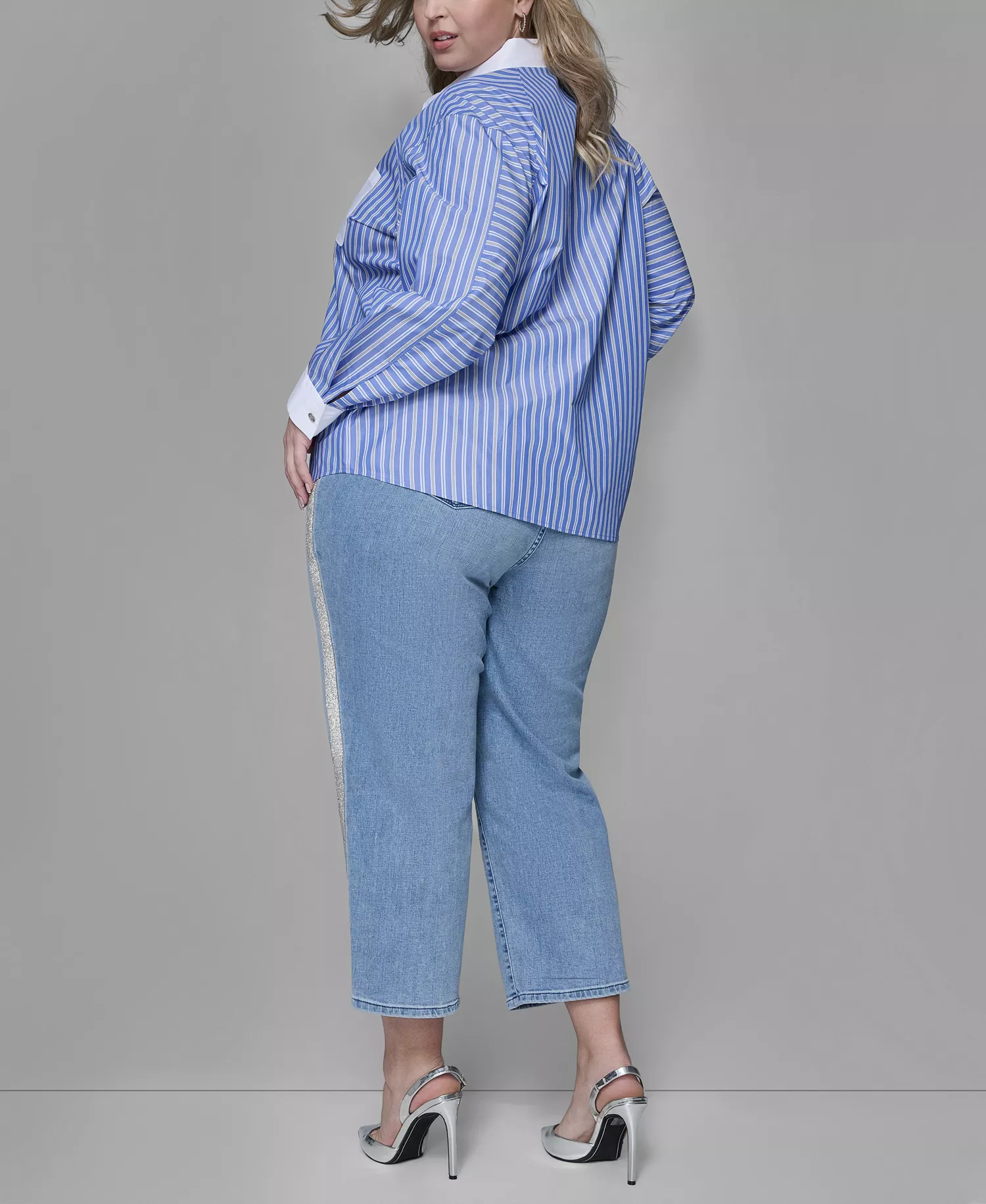 Women's Plus Size Long-Sleeve Stripe Shirt - French Blue Combo - 0X